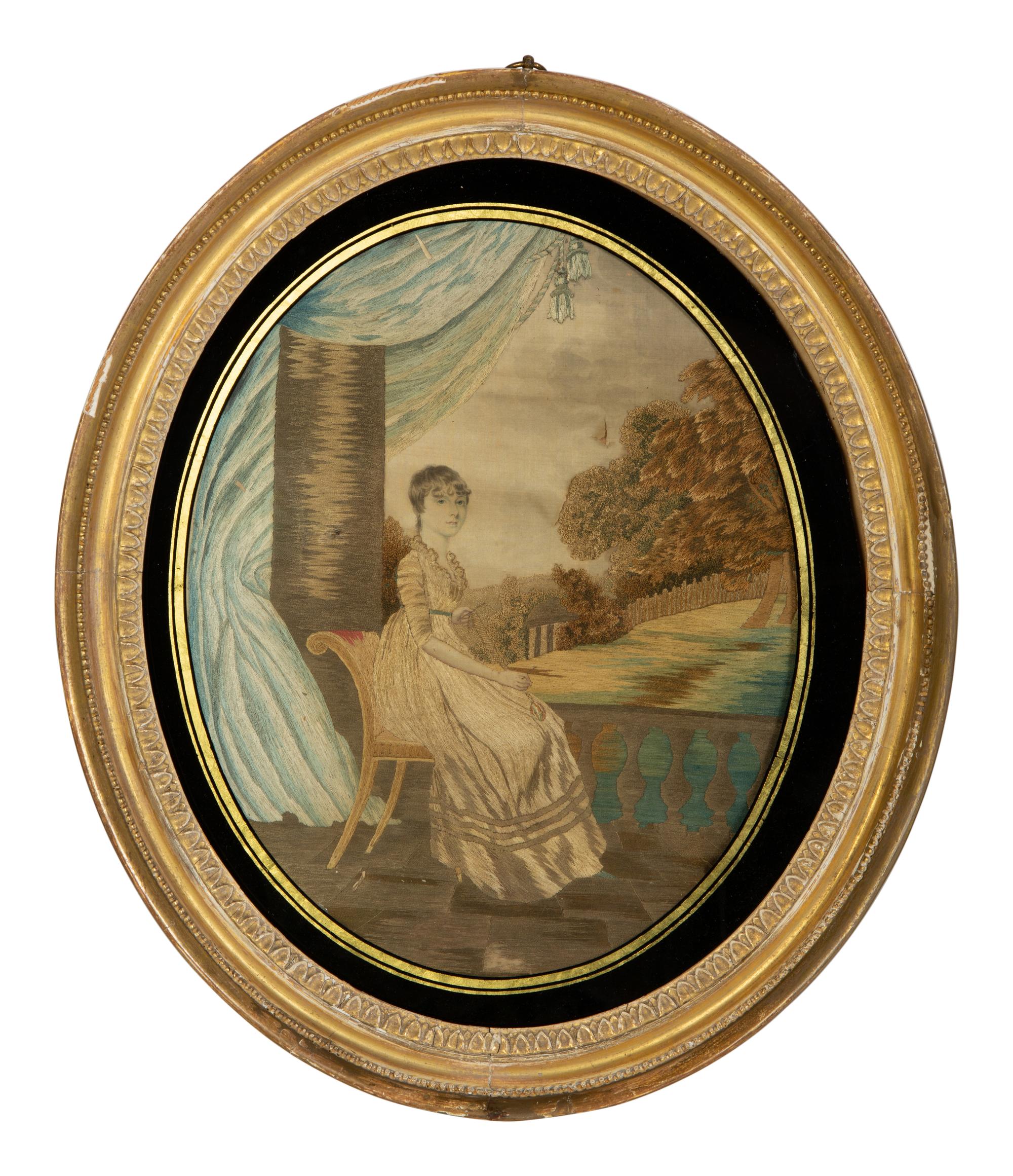 Three Continental Needlework and Silk Pictures in Gilt Frames