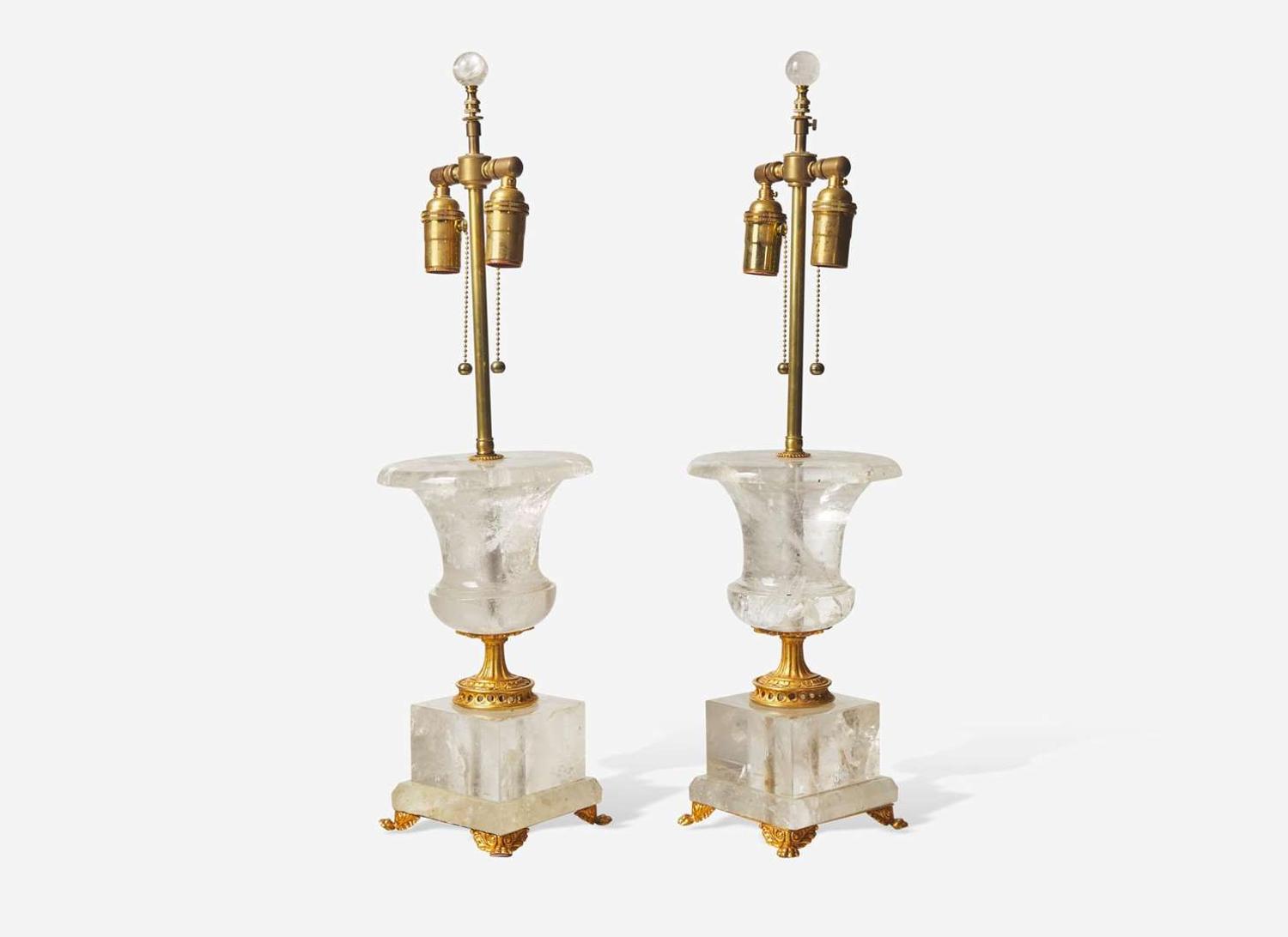 A pair of Neoclassical style gilt bronze-mounted rock crystal table lamps, 20th century