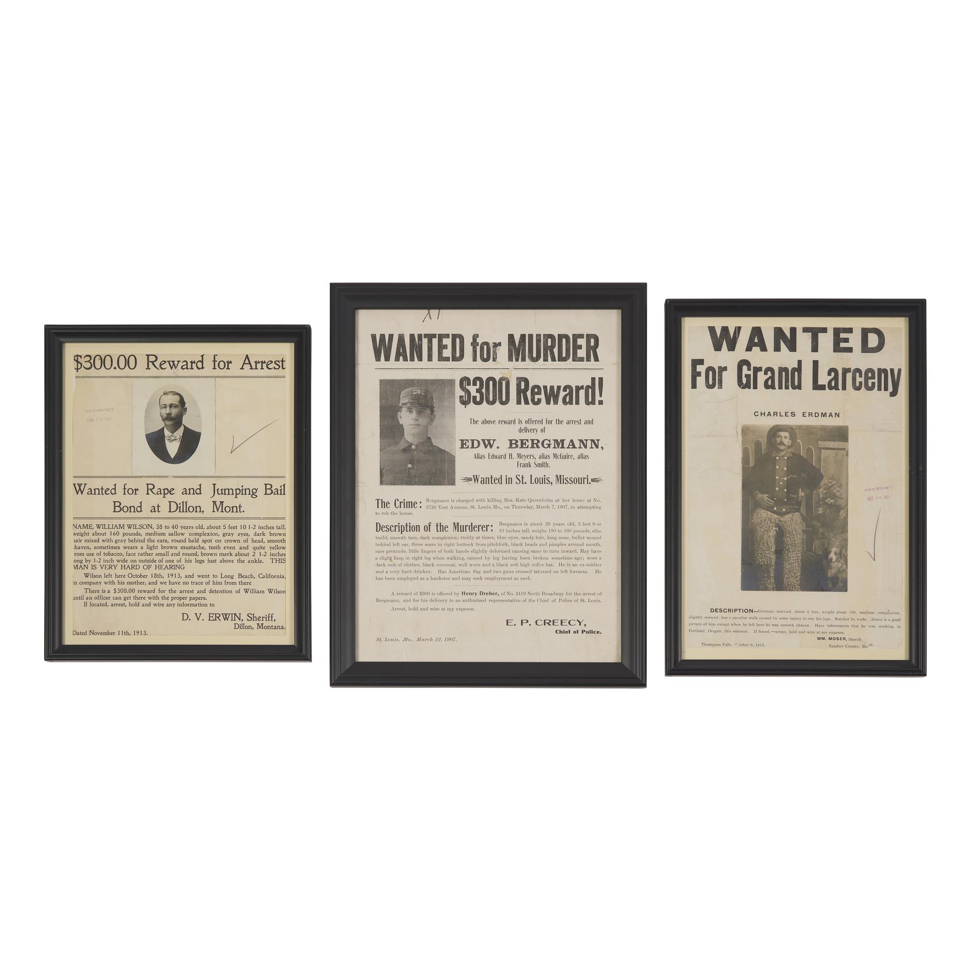 [Americana] Group of 3 Wanted Posters, 1907-13