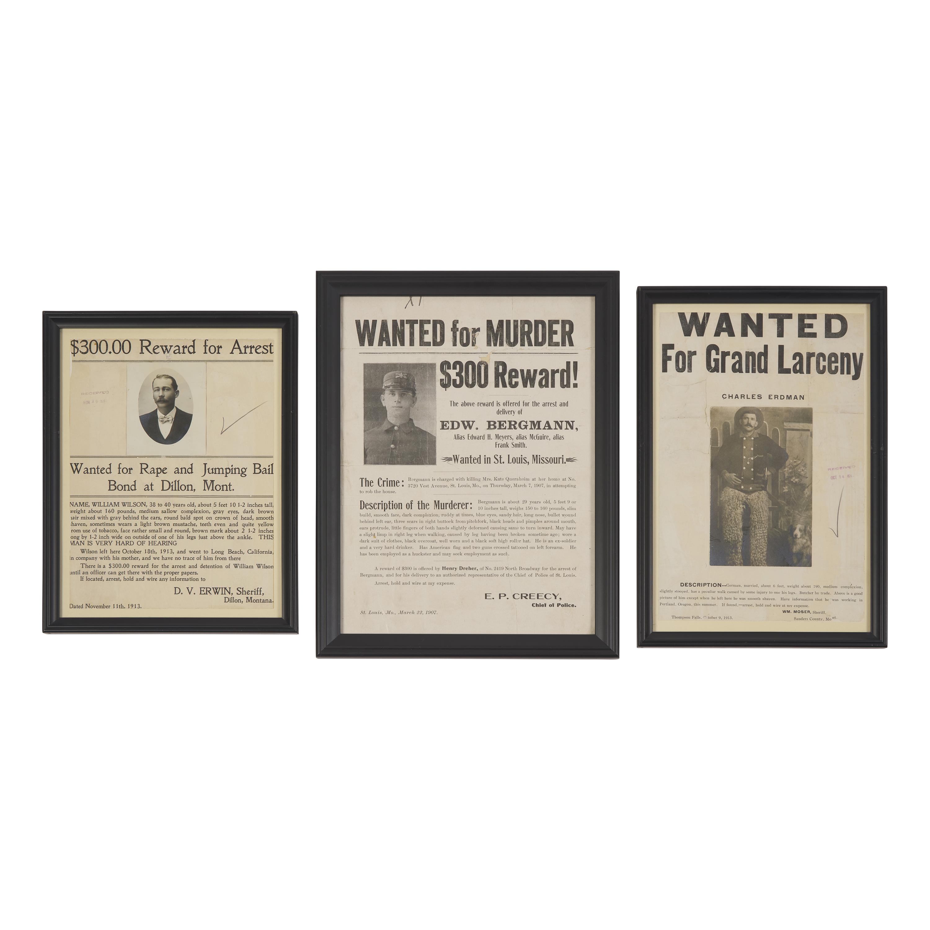 [Americana] Group of 3 Wanted Posters, 1907-13