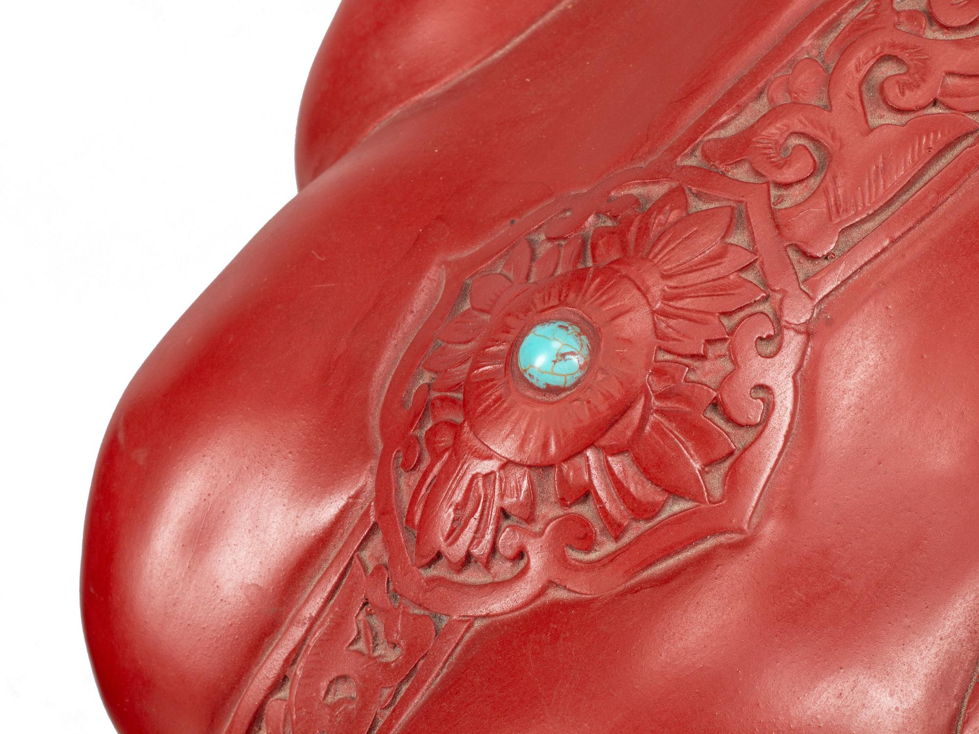 A Pair of Chinese Carved Red Lacquer and Turquoise Cabochon Elephant-Form Stools
