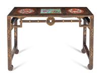 A Chinese Porcelain Inset Gilt Highlighted Black and Brown Lacquered Wood Side Table, Tiaozhuo