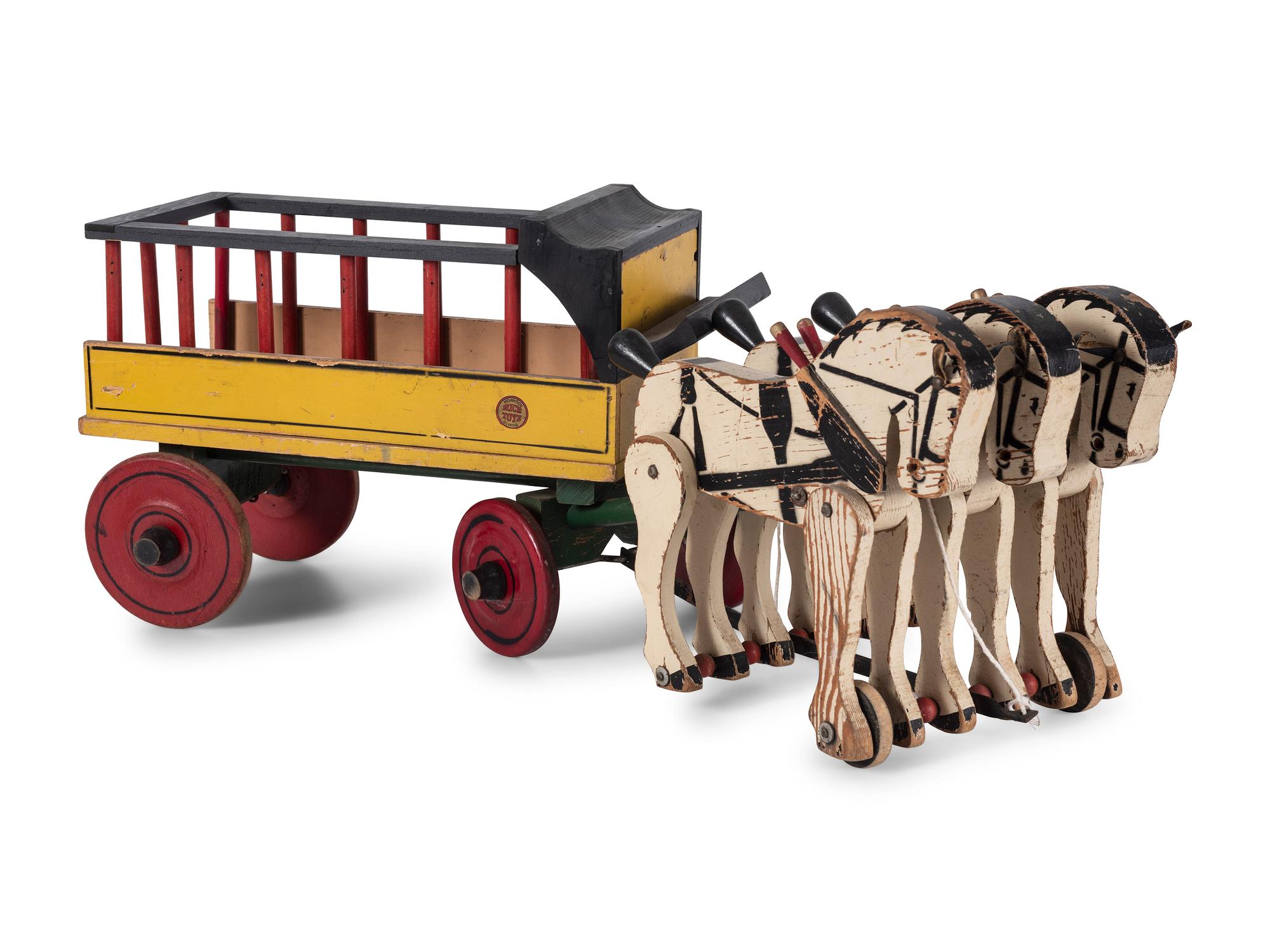 Two Rich Toys Painted Wood Three-Horse Team Wagons