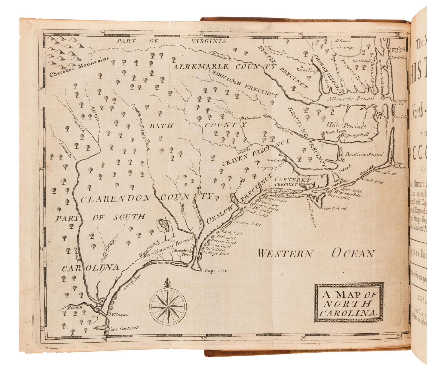 BRICKELL, John (c.1710-1745). The natural history of North-Carolina. With an account of the trade, manners, and customs of the Christian and Indian inhabitants. Illustrated with copper-plates, whereon are curiously engraved the map of the country, several strange beasts, birds, fishes, snakes, insects, trees, and plants . Dublin: James Carson, 1737.