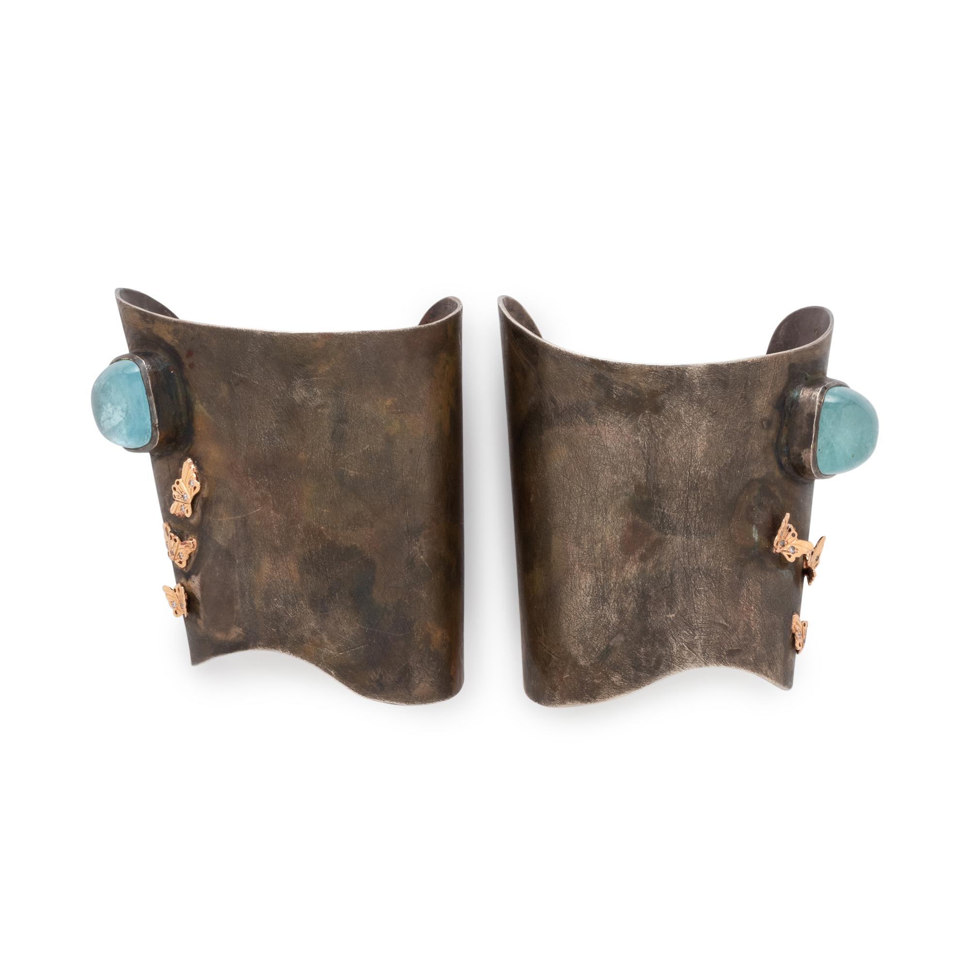 KATEY BRUNINI, STERLING SILVER, ROSE GOLD, AQUAMARINE AND DIAMOND CUFFS