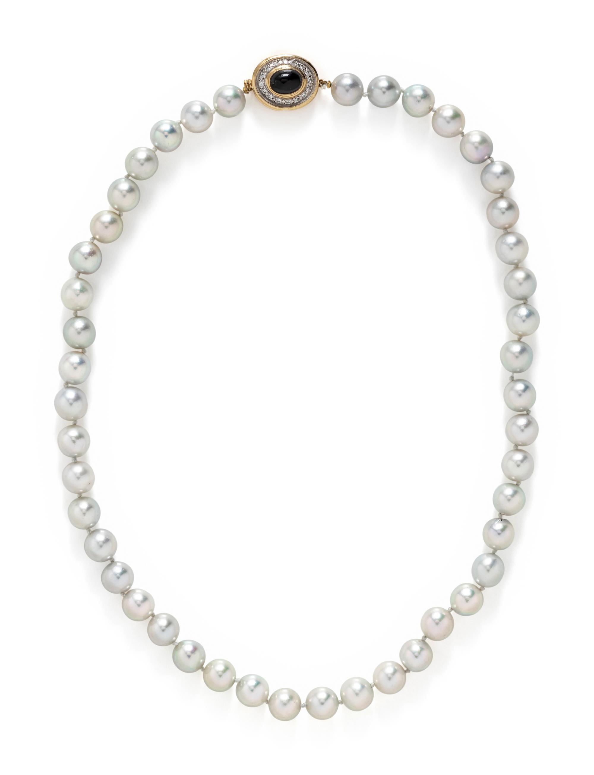 CULTURED PEARL, ONYX AND DIAMOND NECKLACE