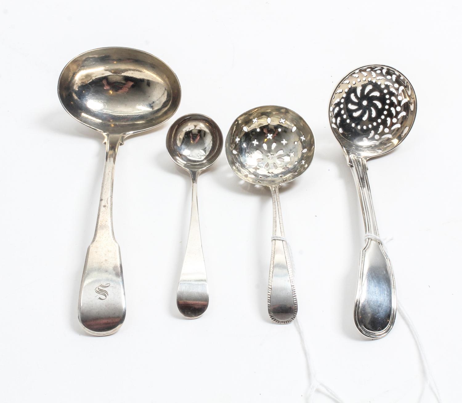 A Group of Four English Silver Ladles, various makers, comprising a George III sauce ladle marked for Peter & William Bateman, London,