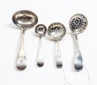 A Group of Four English Silver Ladles, various makers, comprising a George III sauce ladle marked for Peter & William Bateman, London,