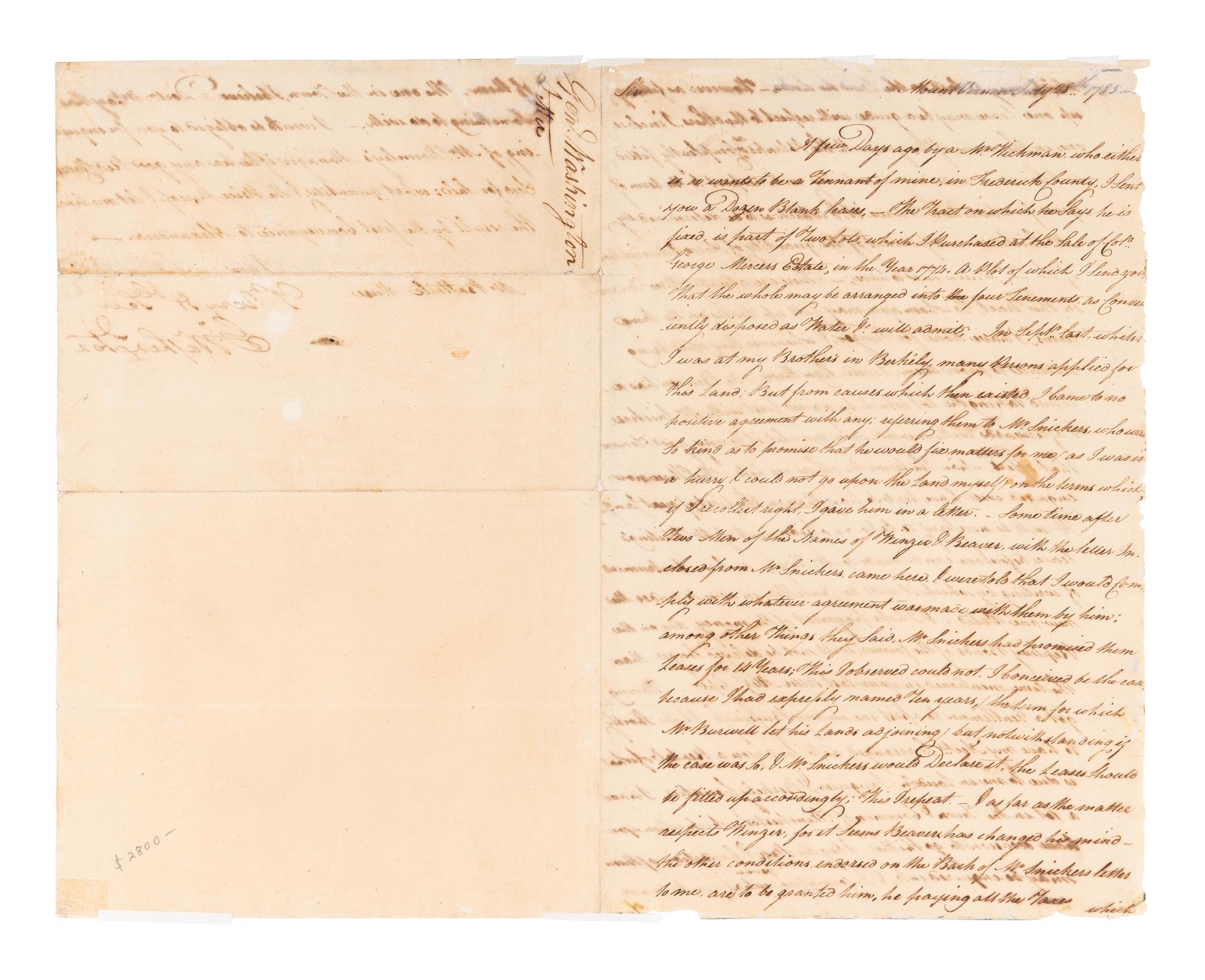 WASHINGTON, George (1732-1799). Letter signed ("G.Washington") to Battaile Muse. Mount Vernon, 28 July 1785.