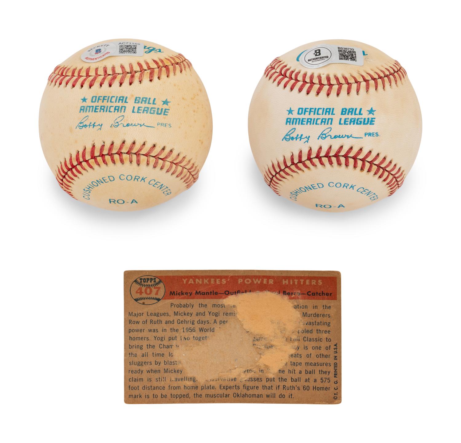 A Mickey Mantle and Yogi Berra Signed Autograph Baseball Collection with 1957 Topps Baseball Card (Beckett Authentication Services)