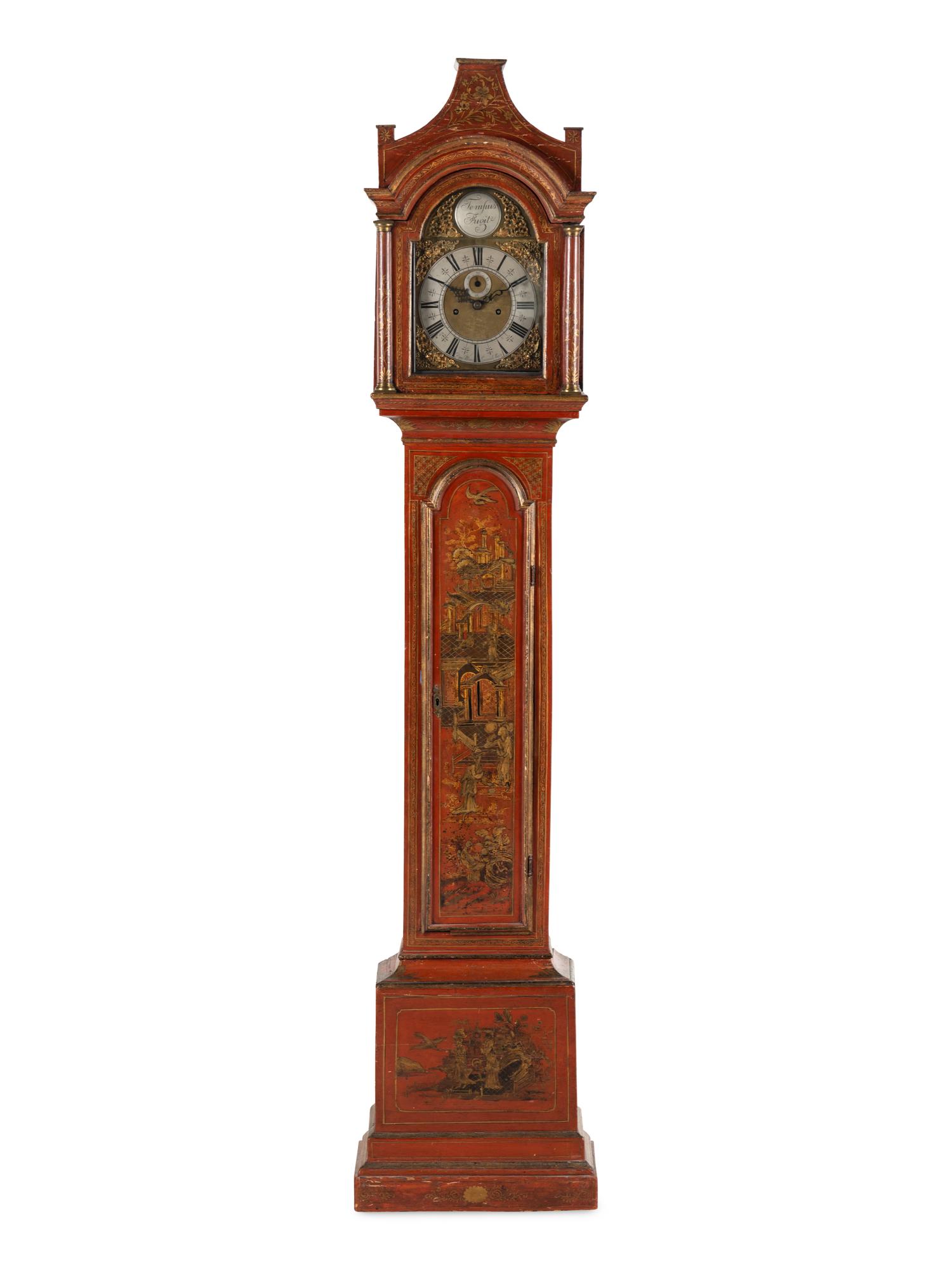 An English Red Japanned Tall Case Clock