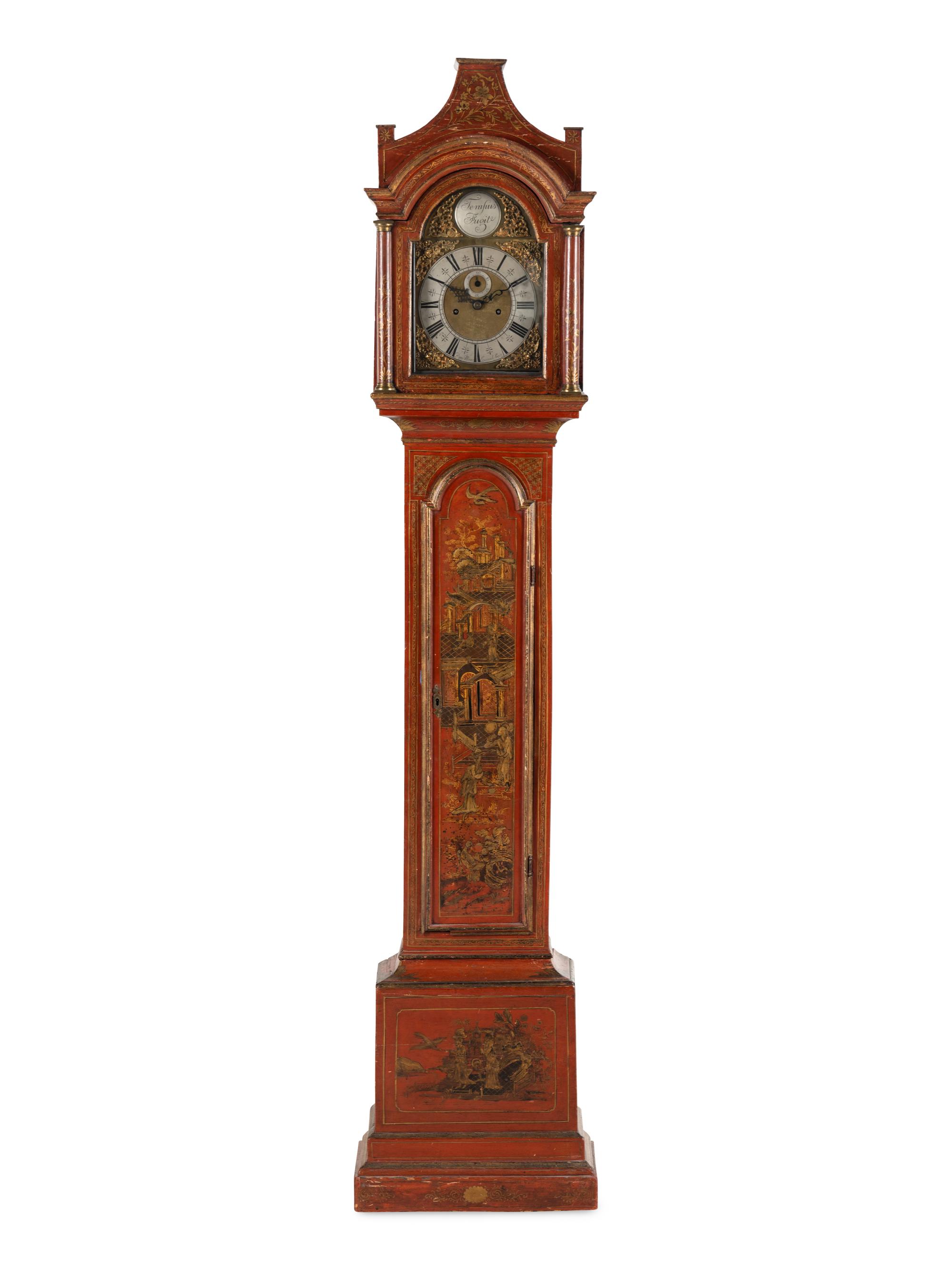 An English Red Japanned Tall Case Clock