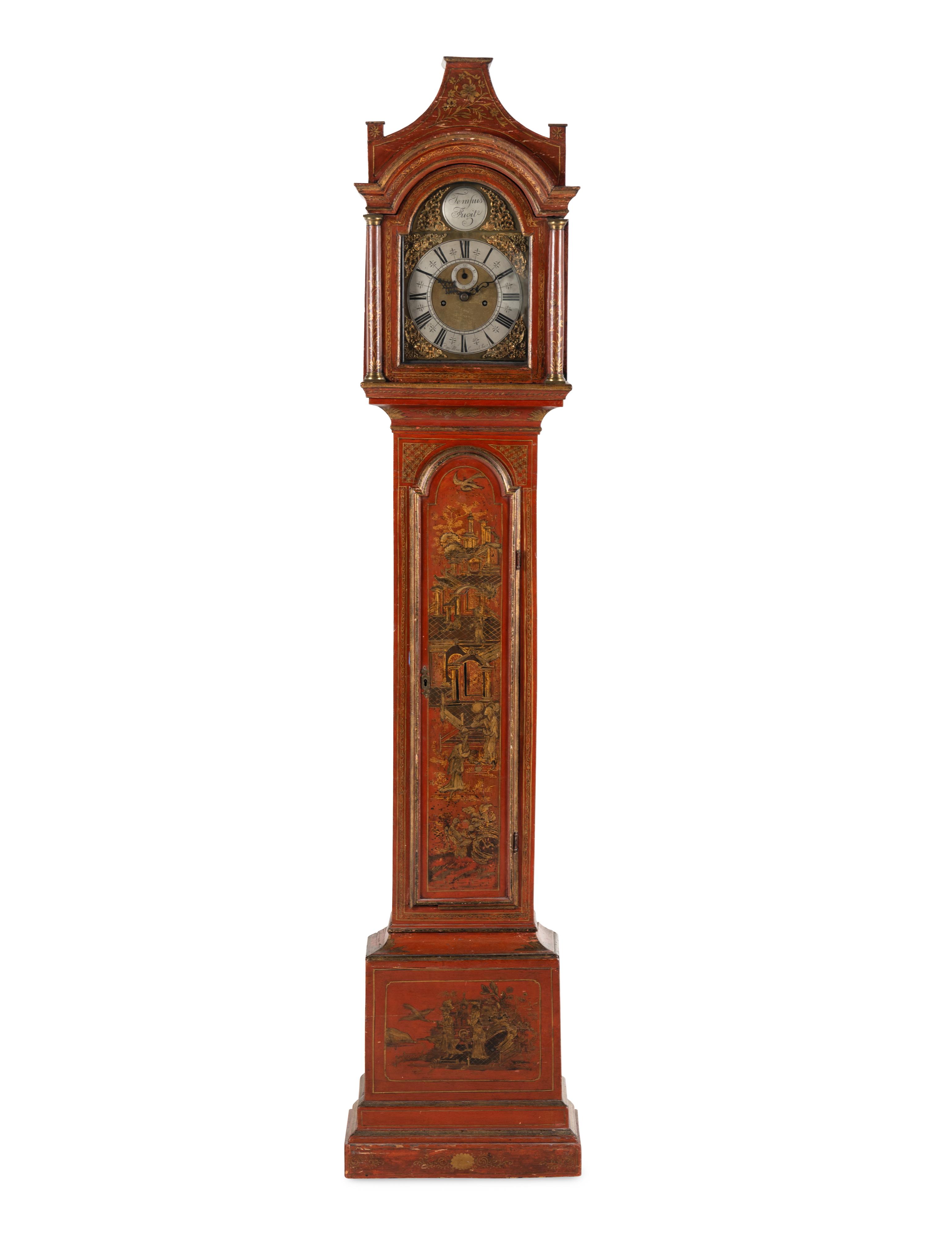 An English Red Japanned Tall Case Clock