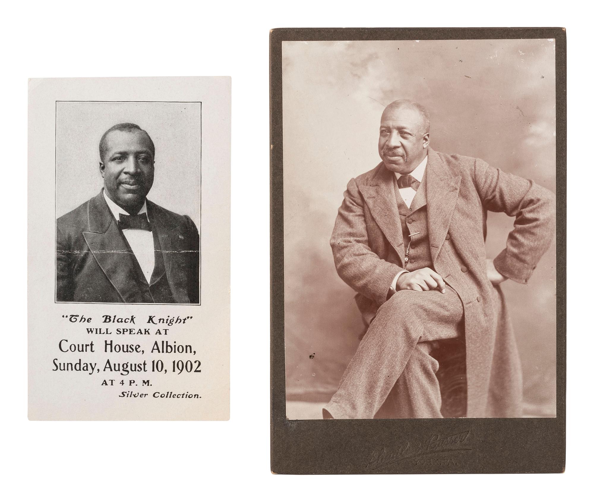 [AFRICAN AMERICANA - RELIGION]. Cabinet card of Reverend John Henry Hector, "The Black Night," and handbill promoting a lecture Hector delivered at the Albion Court House, New York, August 1902.