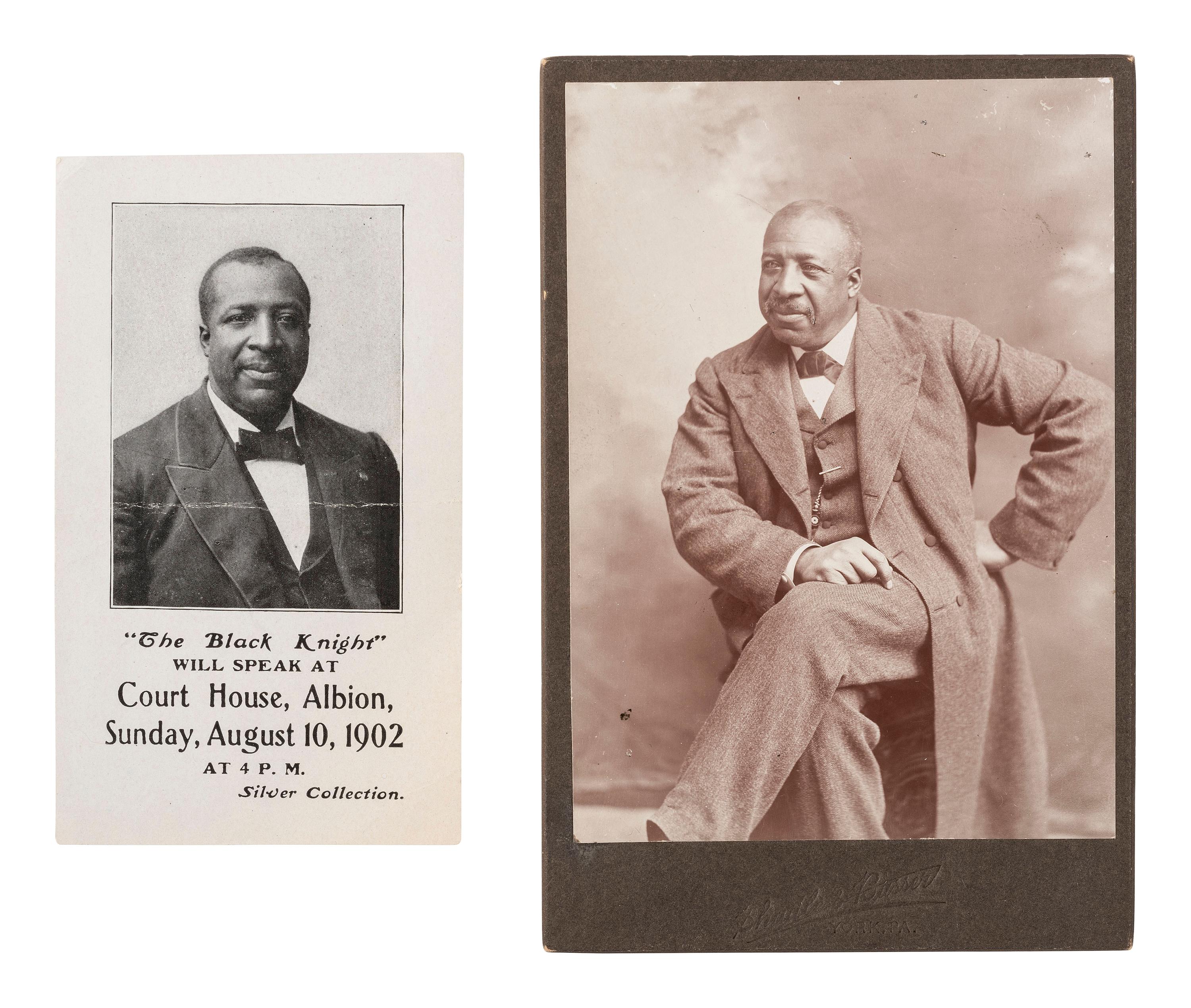 [AFRICAN AMERICANA - RELIGION]. Cabinet card of Reverend John Henry Hector, "The Black Night," and handbill promoting a lecture Hector delivered at the Albion Court House, New York, August 1902.
