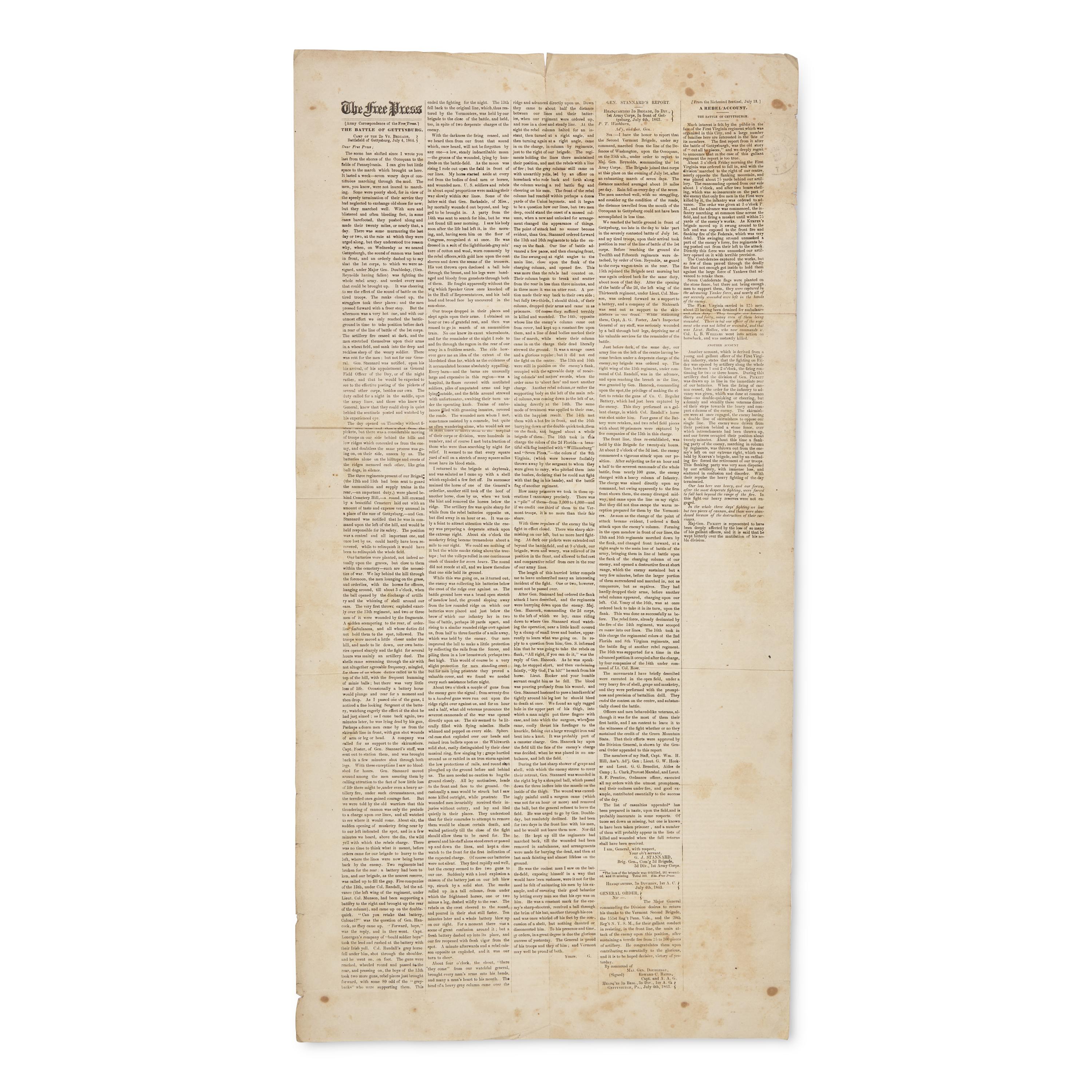 [Civil War - Gettysburg]. Printed broadside. Burlington, VT: The Free Press , ca 15 July 1863.