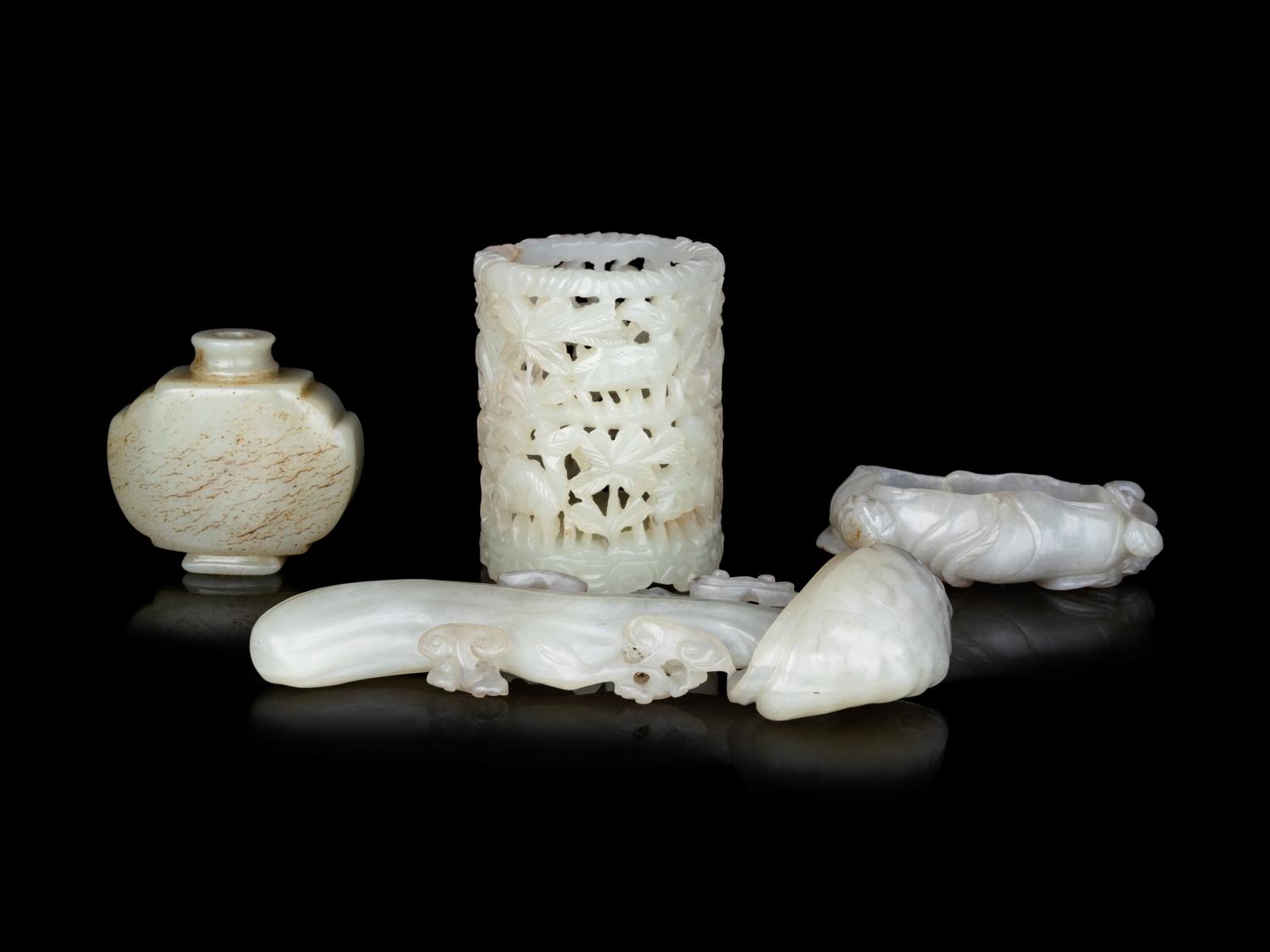 Four Chinese Carved Celadon Jade Scholar's Objects