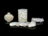 Four Chinese Carved Celadon Jade Scholar's Objects