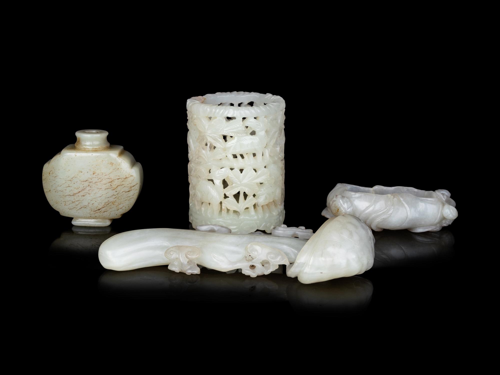 Four Chinese Carved Celadon Jade Scholar's Objects