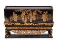 A Chinese Export Lacquer Box or Cache Pot on Associated Stand