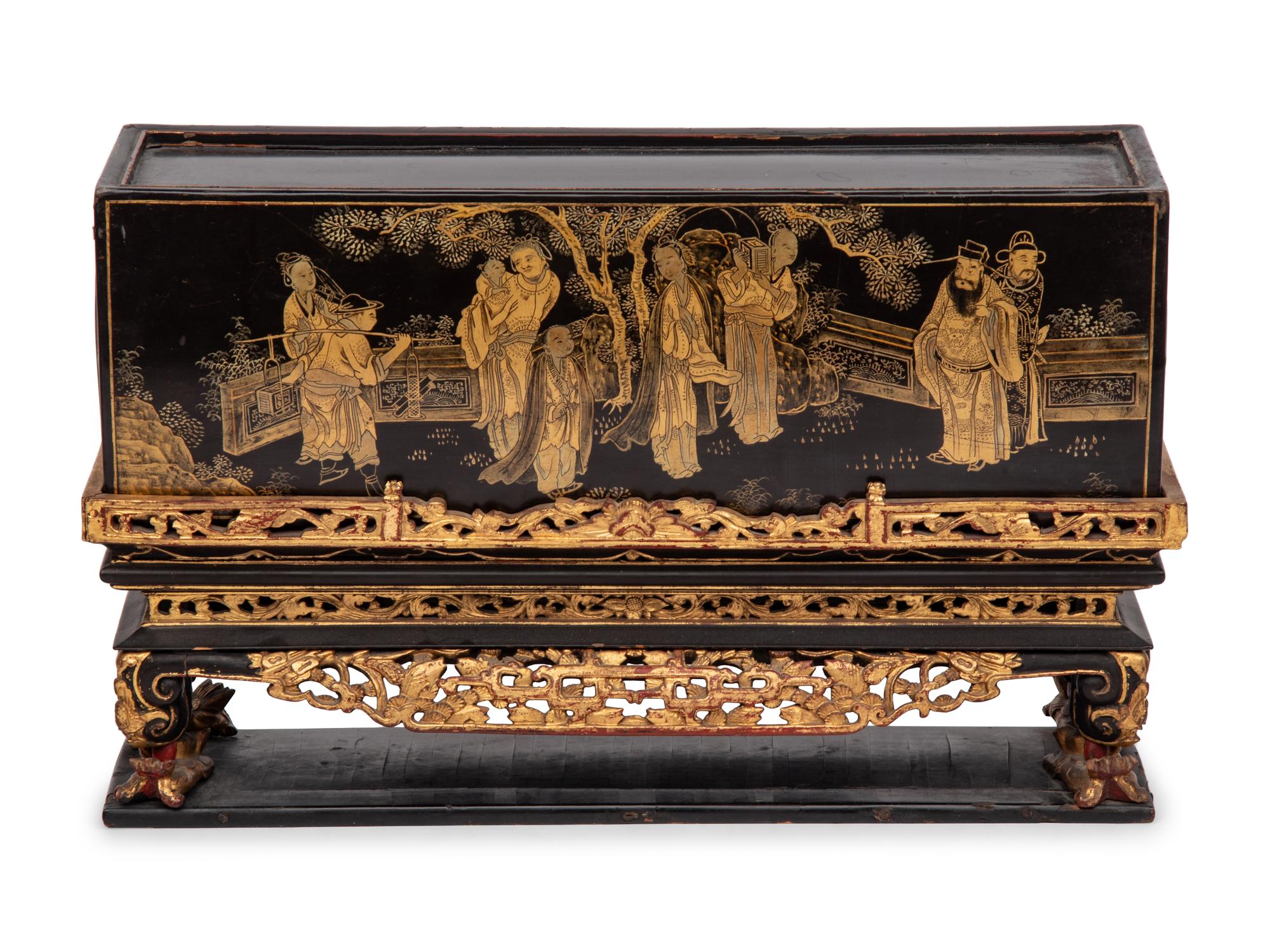 A Chinese Export Lacquer Box or Cache Pot on Associated Stand