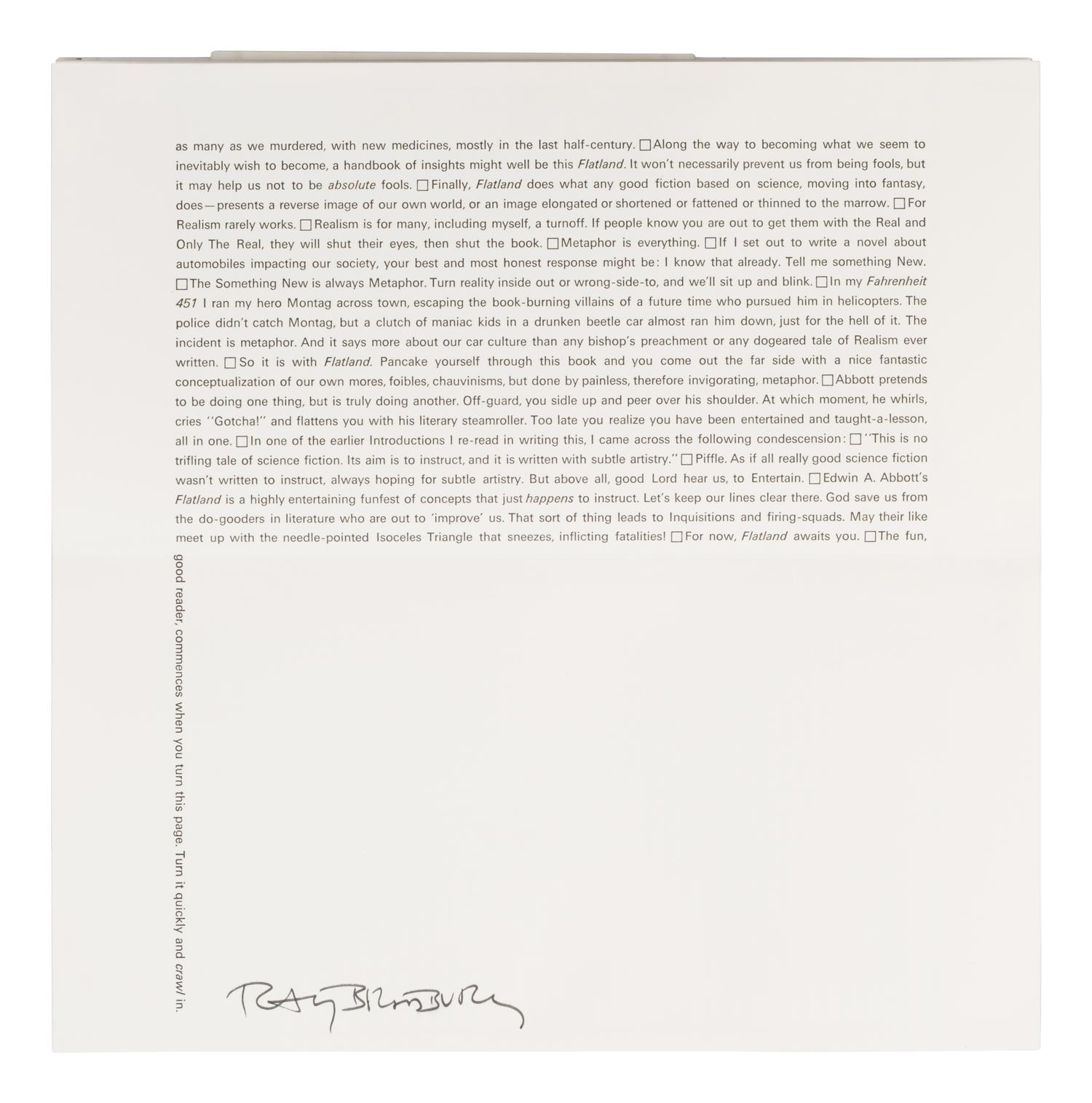 [Fine Press - Arion Press]. Abott, Edwin A. (1836-1926). Flatland. A Romance of Many Dimensions . San Francisco: Arion Press, 1980.