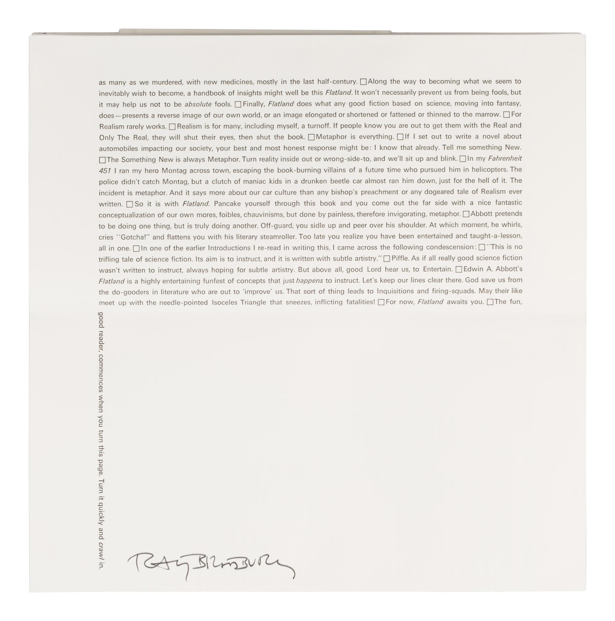 [Fine Press - Arion Press]. Abott, Edwin A. (1836-1926). Flatland. A Romance of Many Dimensions . San Francisco: Arion Press, 1980.