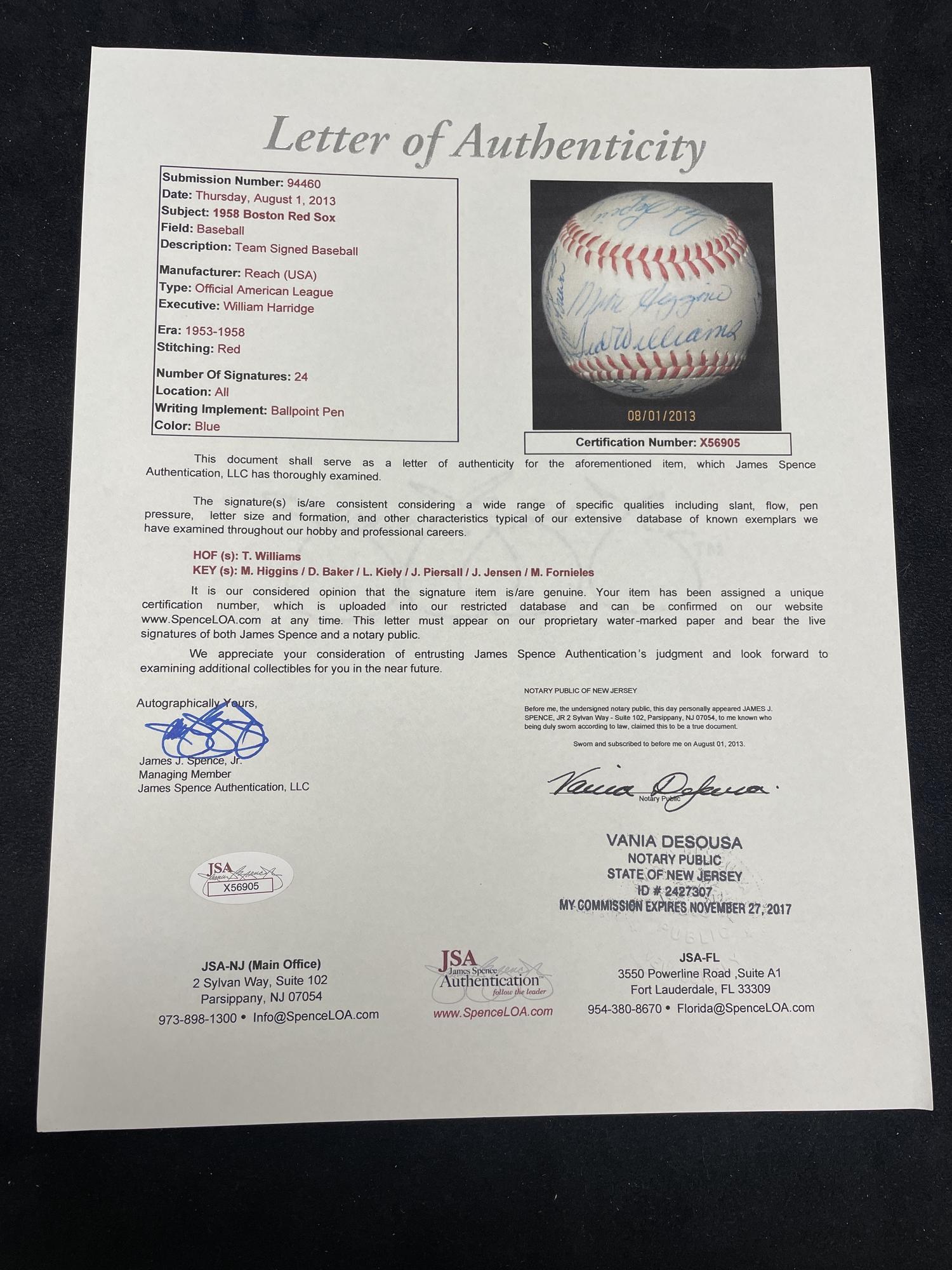 A 1958 Boston Red Sox Team Signed Autograph Baseball Featuring Ted Williams (JSA Letter of Authenticity),