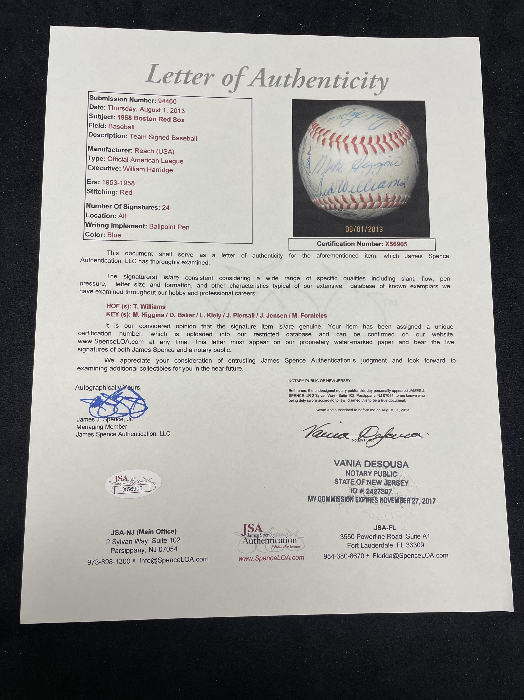 A 1958 Boston Red Sox Team Signed Autograph Baseball Featuring Ted Williams (JSA Letter of Authenticity),