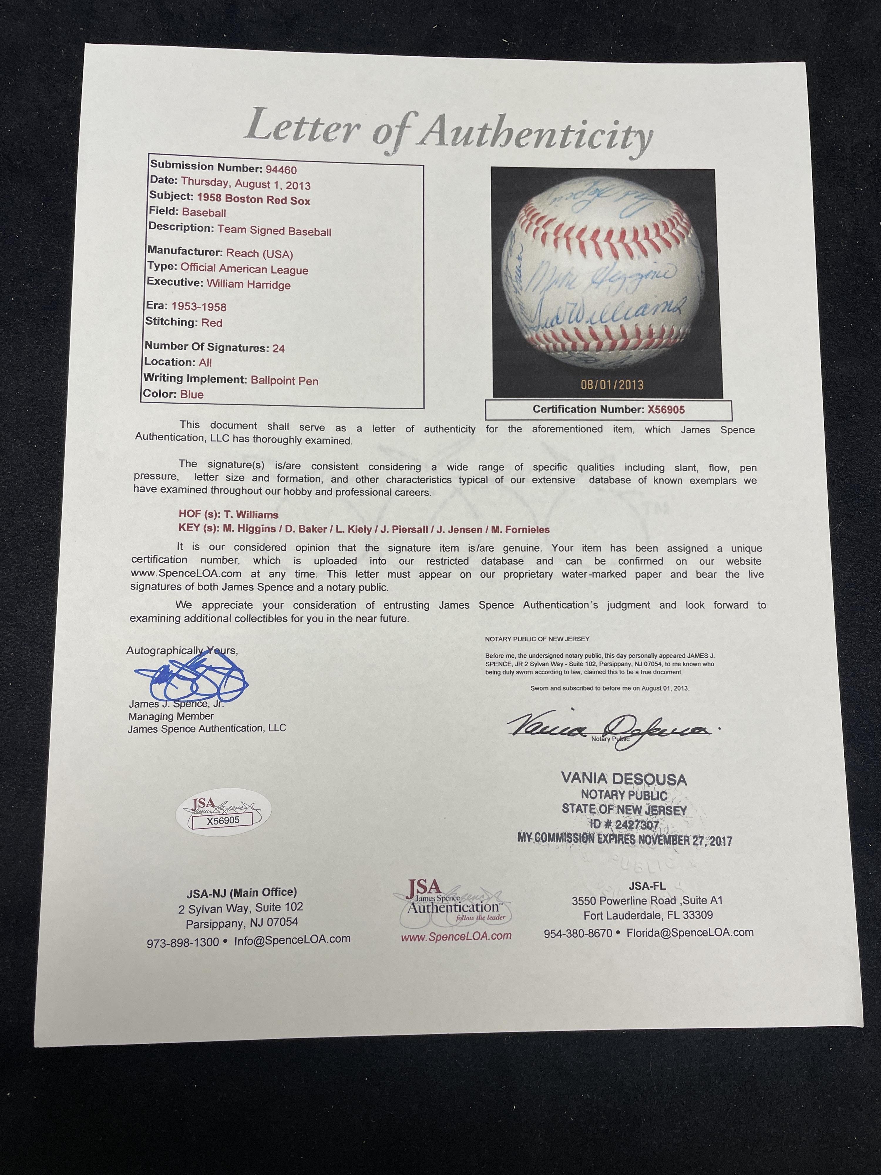 A 1958 Boston Red Sox Team Signed Autograph Baseball Featuring Ted Williams (JSA Letter of Authenticity),
