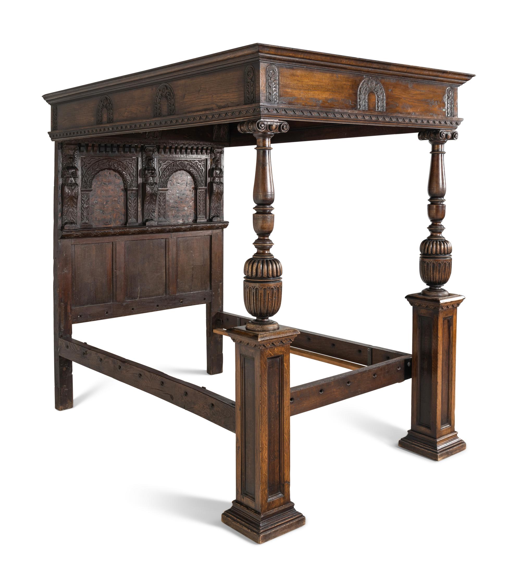 An English Oak and Marquetry Canopy Bed