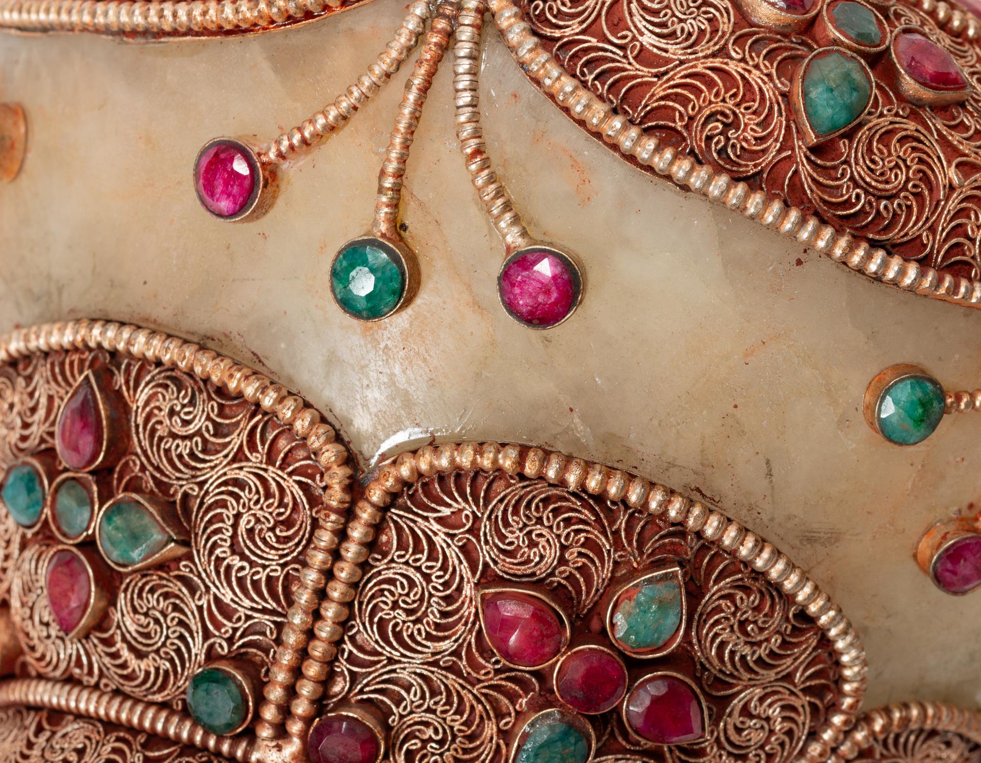 A Pair of Tibetan Style Gilt Filigree, Emerald and Ruby Mounted Rock Crystal Bowls with Covers