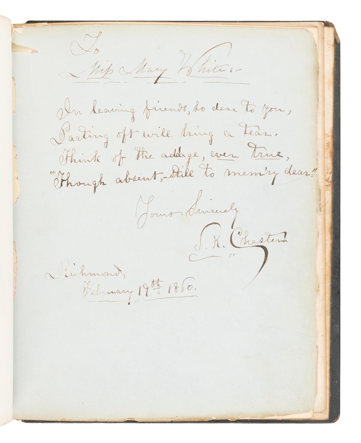 BOOTH, John Wilkes (1838-1865). Autograph manuscript, signed ("J. Wilkes Booth"), 18 February 1860. [Inscribed in a Forget-Me-Not Album].