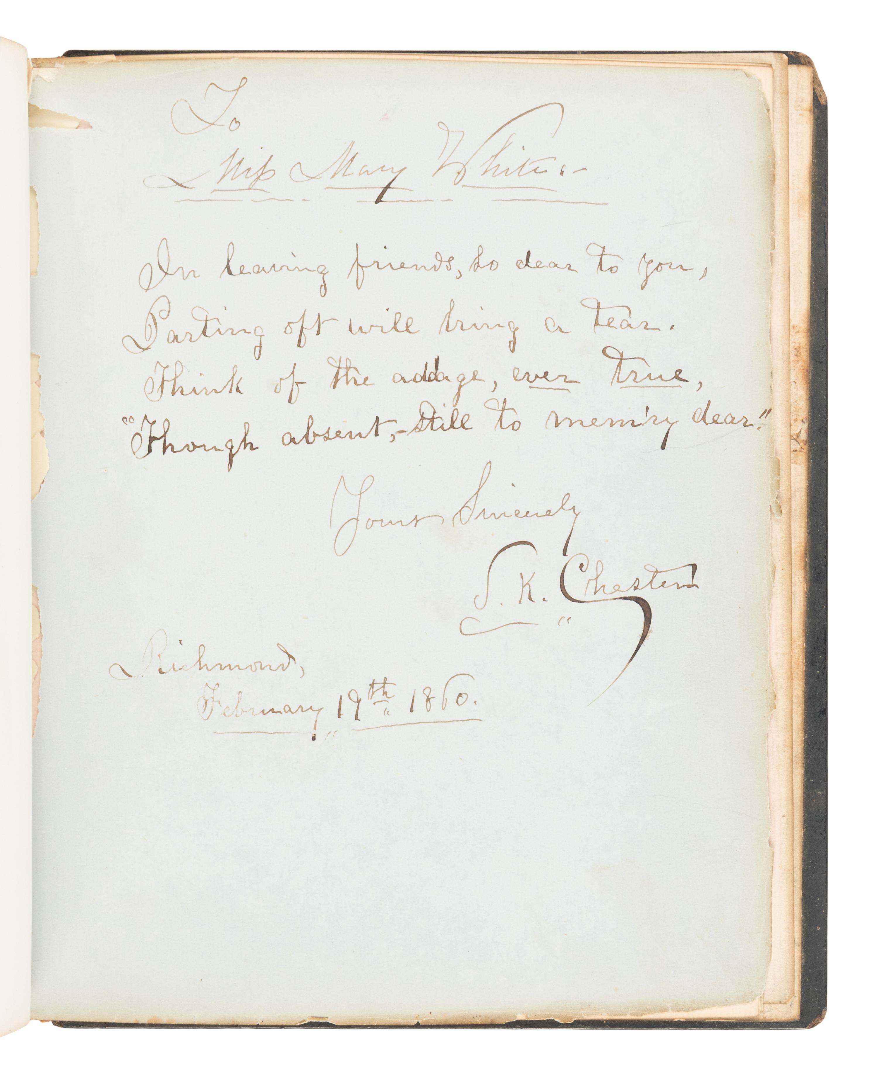 BOOTH, John Wilkes (1838-1865). Autograph manuscript, signed ("J. Wilkes Booth"), 18 February 1860. [Inscribed in a Forget-Me-Not Album].