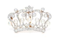 A Edwardian Platinum Topped Gold, Pearl and Diamond Crown Pendant/Brooch, Kirkpatrick & Co., 7.20 dwts.