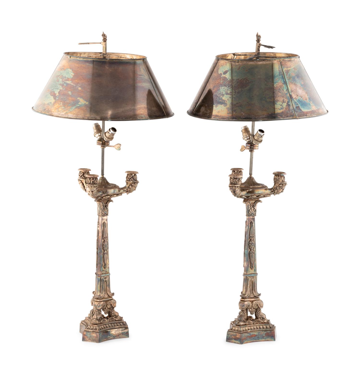 A Pair of Silver-Plate Candelabra Mounted as Lamps