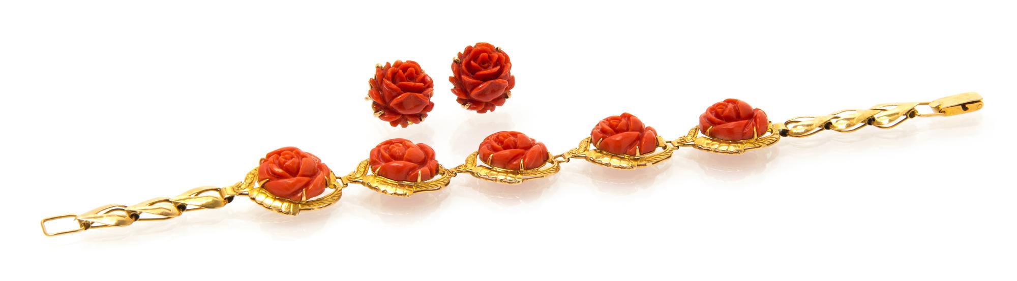 A Yellow Gold and Coral Demi Parure, 10.50 dwts.
