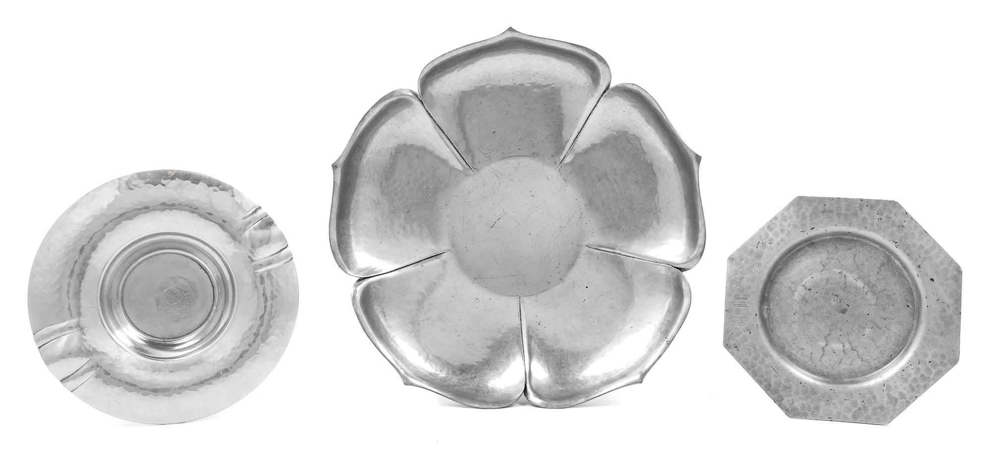 Three Cellini Shop Hand-Hammered Aluminium Articles Diameter of largest 11 inches. — CIRCA 1940