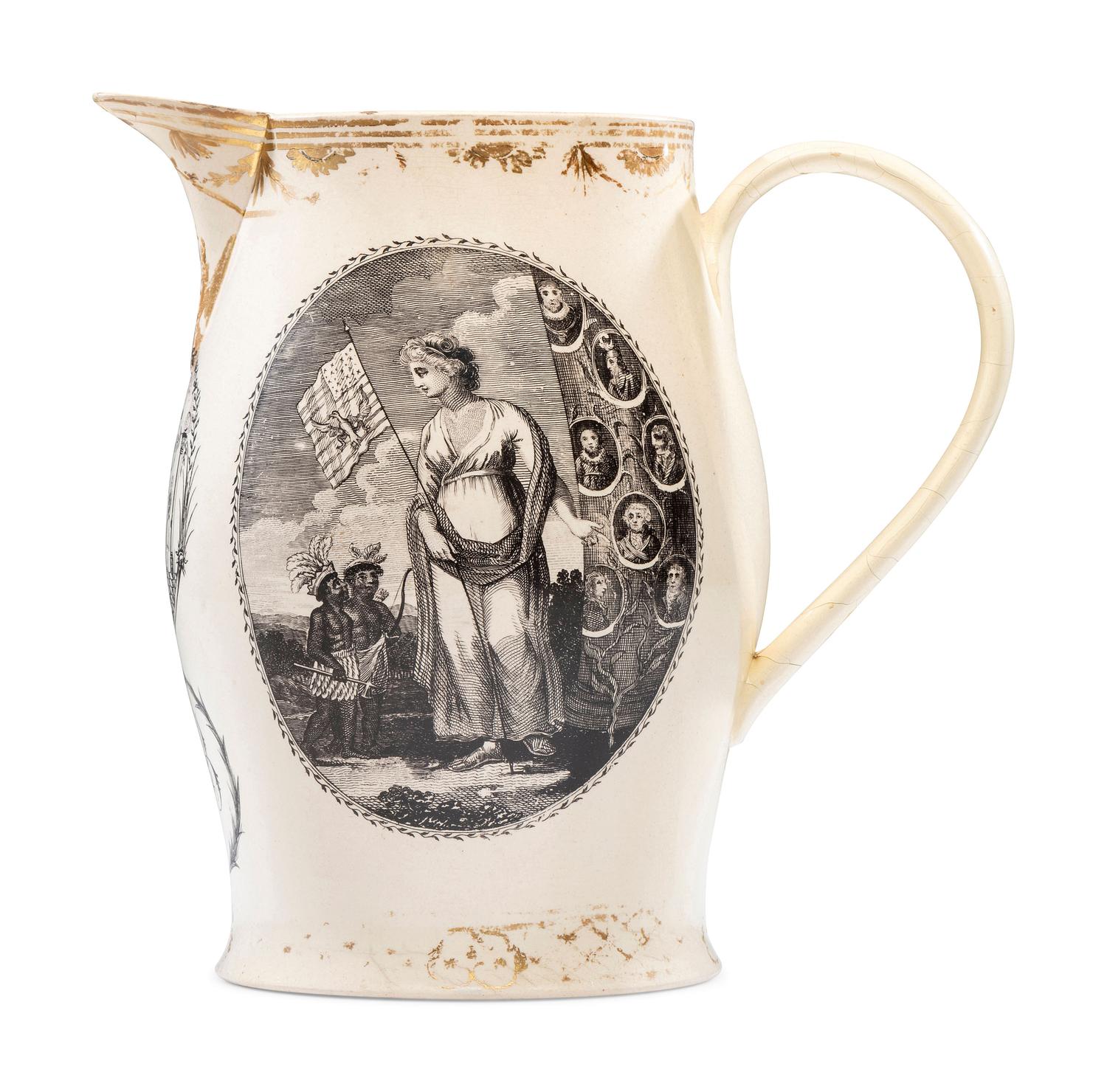 A Liverpool Transfer-Printed Creamware 'Emblem of America / Washington in Glory' Pitcher