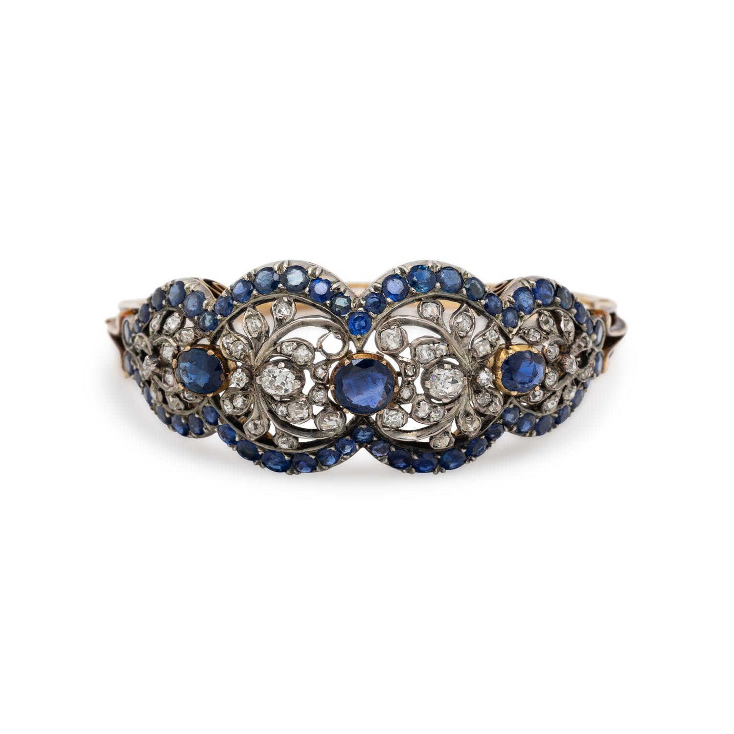 ANTIQUE, SAPPHIRE AND DIAMOND HINGED BANGLE BRACELET