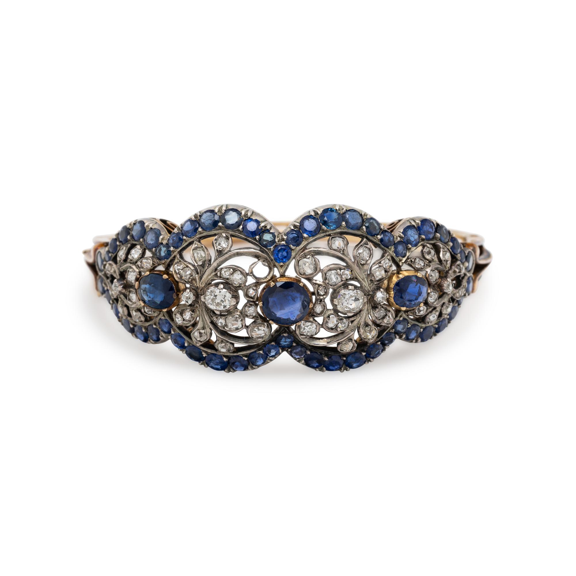 ANTIQUE, SAPPHIRE AND DIAMOND HINGED BANGLE BRACELET