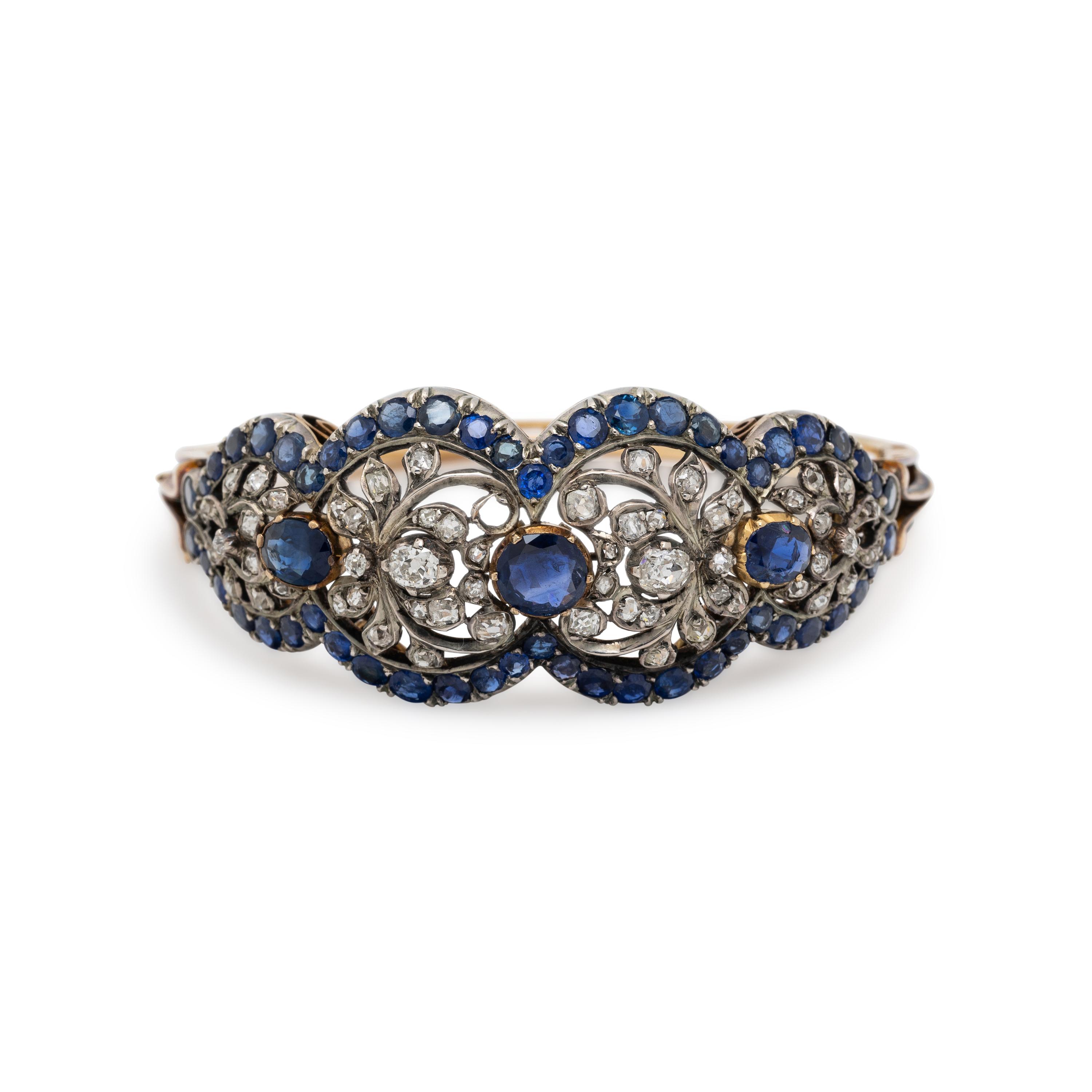 ANTIQUE, SAPPHIRE AND DIAMOND HINGED BANGLE BRACELET