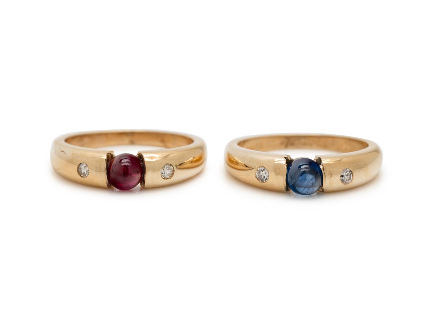 PAIR OF YELLOW GOLD, GEMSTONE AND DIAMOND RINGS