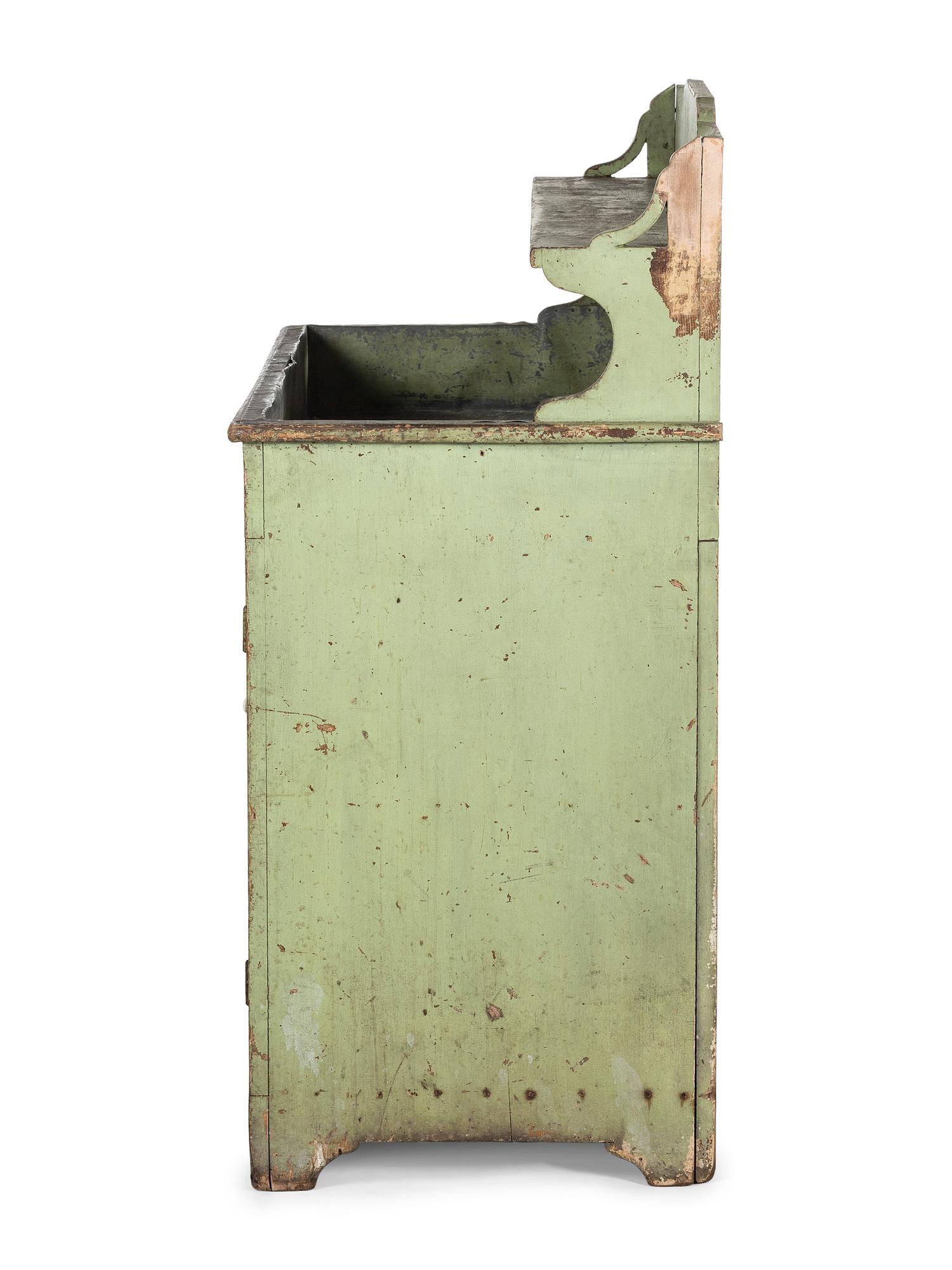 A Country Green and White Painted Tin-Lined Dry Sink