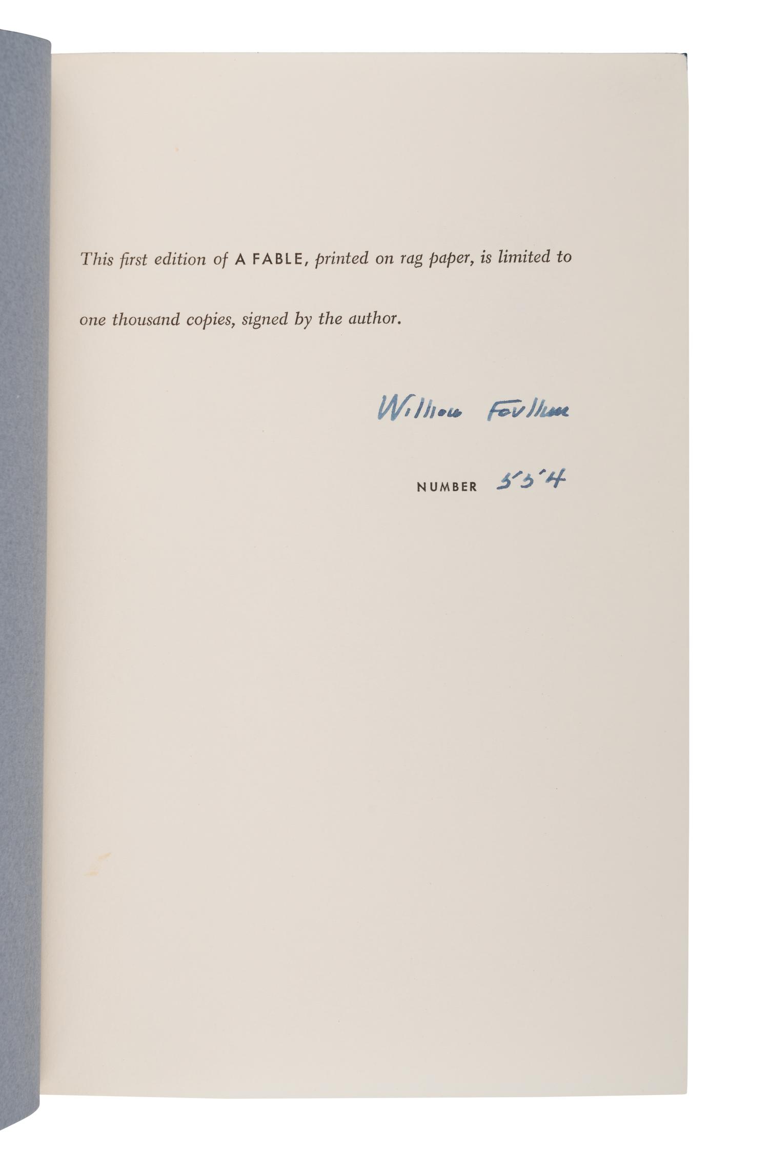 FAULKNER, William (1897-1962). A Fable . New York: Random House, 1954.
