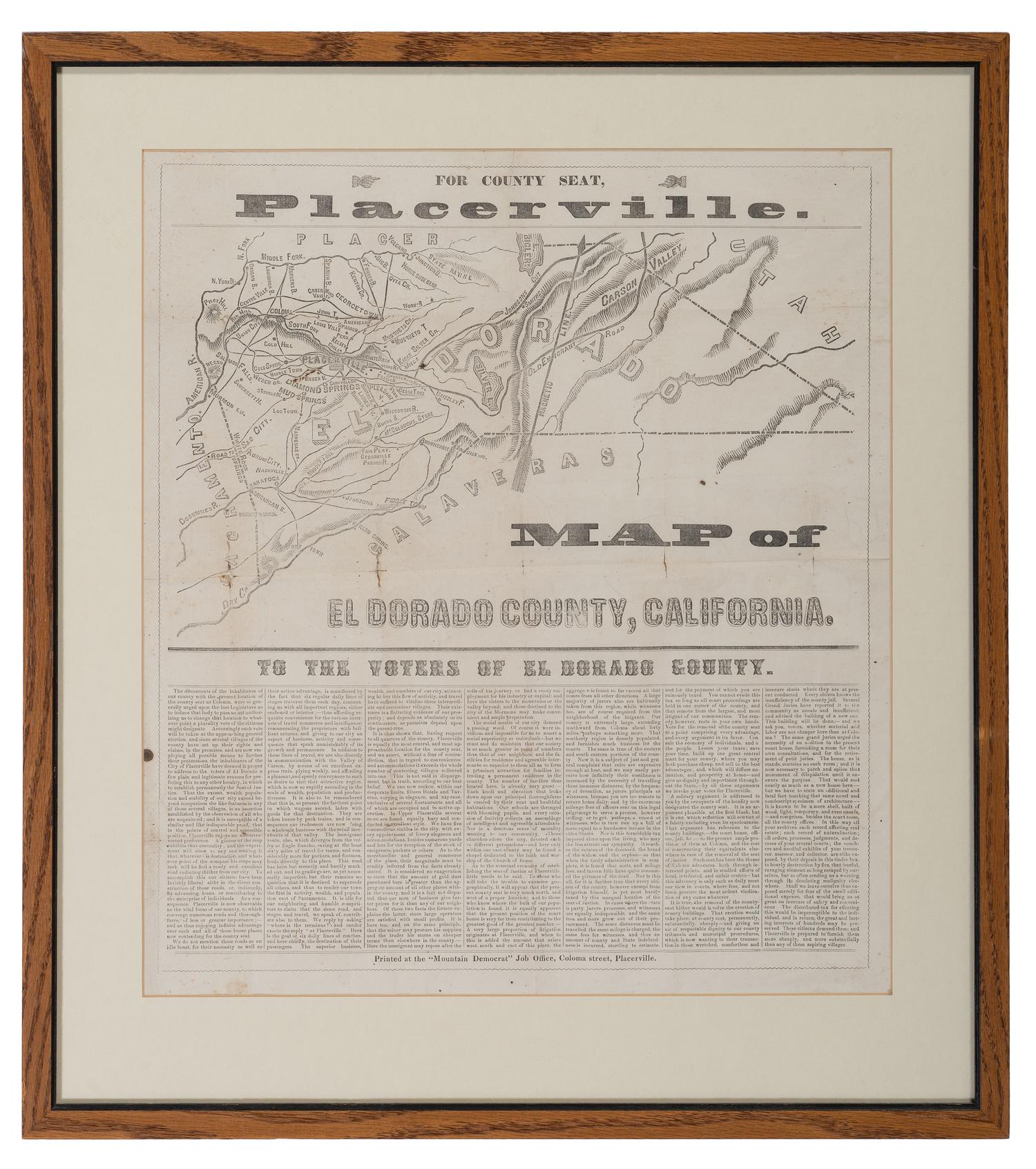 [GOLD RUSH]. To the Voters of El Dorado County . Placerville, CA: "Mountain Democrat" Job Office. Ca 1850s.