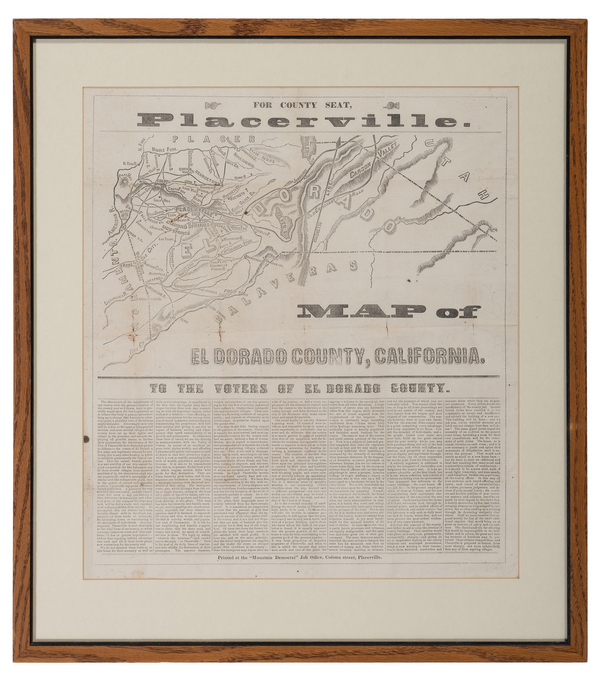 [GOLD RUSH]. To the Voters of El Dorado County . Placerville, CA: "Mountain Democrat" Job Office. Ca 1850s.