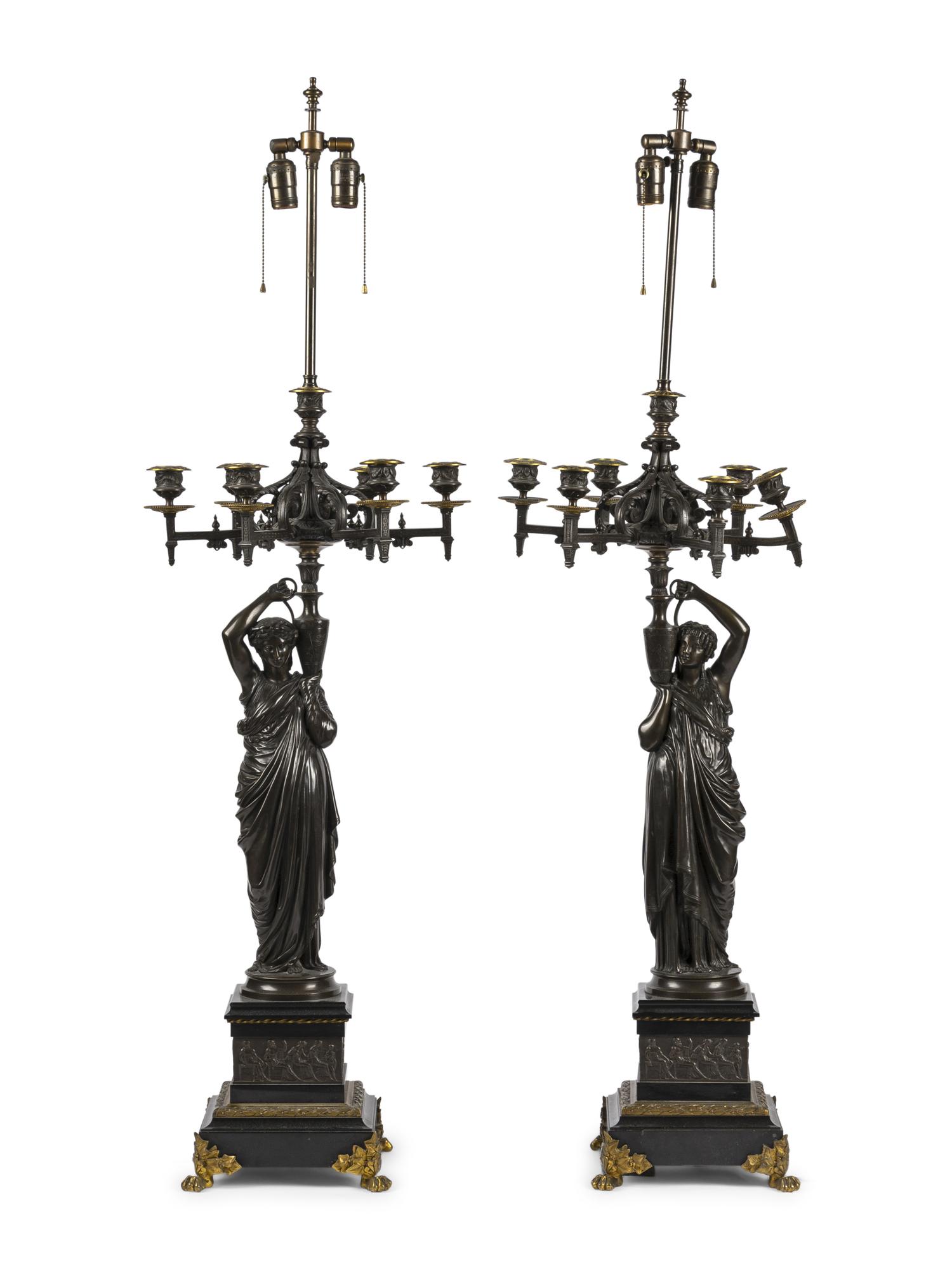 A Pair of Continental Bronze Figural Seven-Light Candelabra Mounted as Lamps