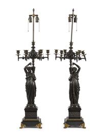 A Pair of Continental Bronze Figural Seven-Light Candelabra Mounted as Lamps