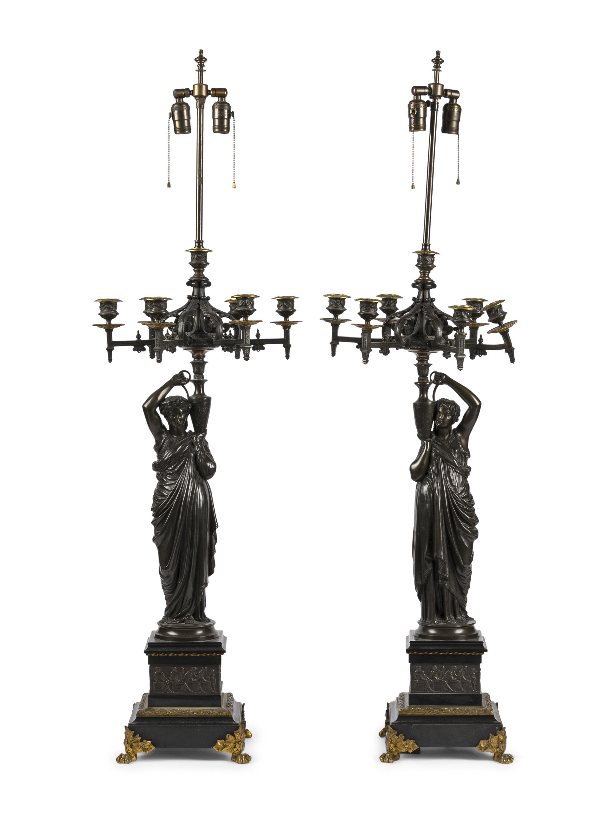 A Pair of Continental Bronze Figural Seven-Light Candelabra Mounted as Lamps